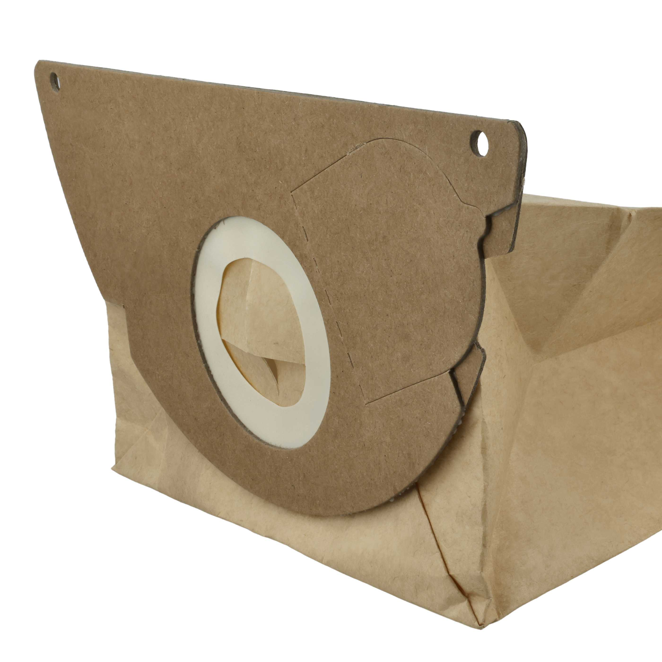 Ein brauner Staubsaugerbeutel mit weißem Ring und braunem Kartondeckel, teilweise geöffnet.