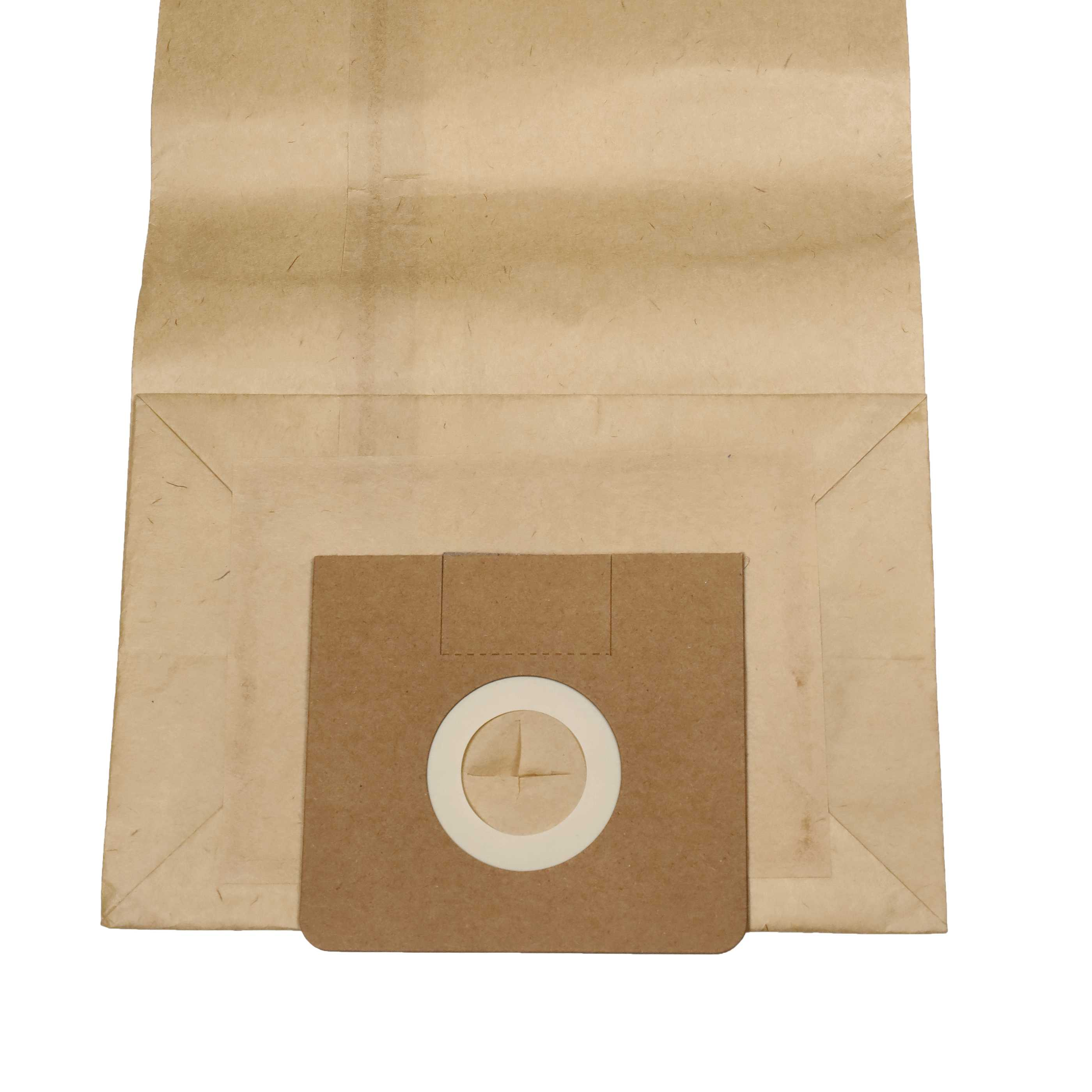 Ein beigefarbener Papier-Staubsaugerbeutel mit einem runden, weißen Filtereinsatz. Der Beutel ist auf weißem Hintergrund.