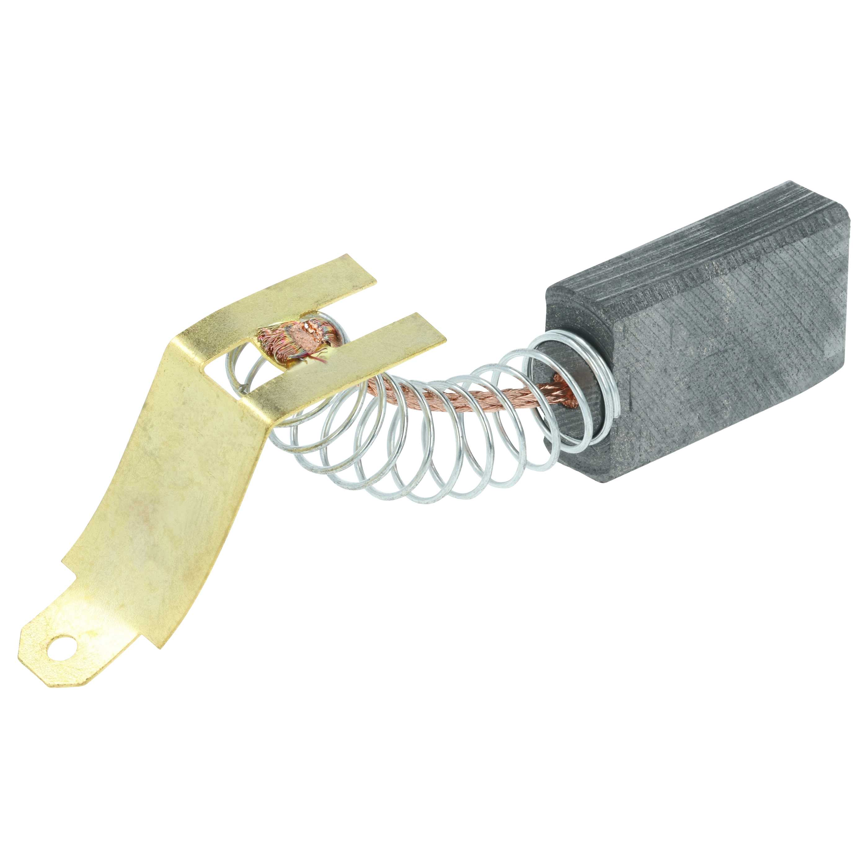 Ein Kohlebürste von einem Elektromotor. Es umfasst eine Metallfeder, eine Messinghalterung und einen rechteckigen Kohleblock.
