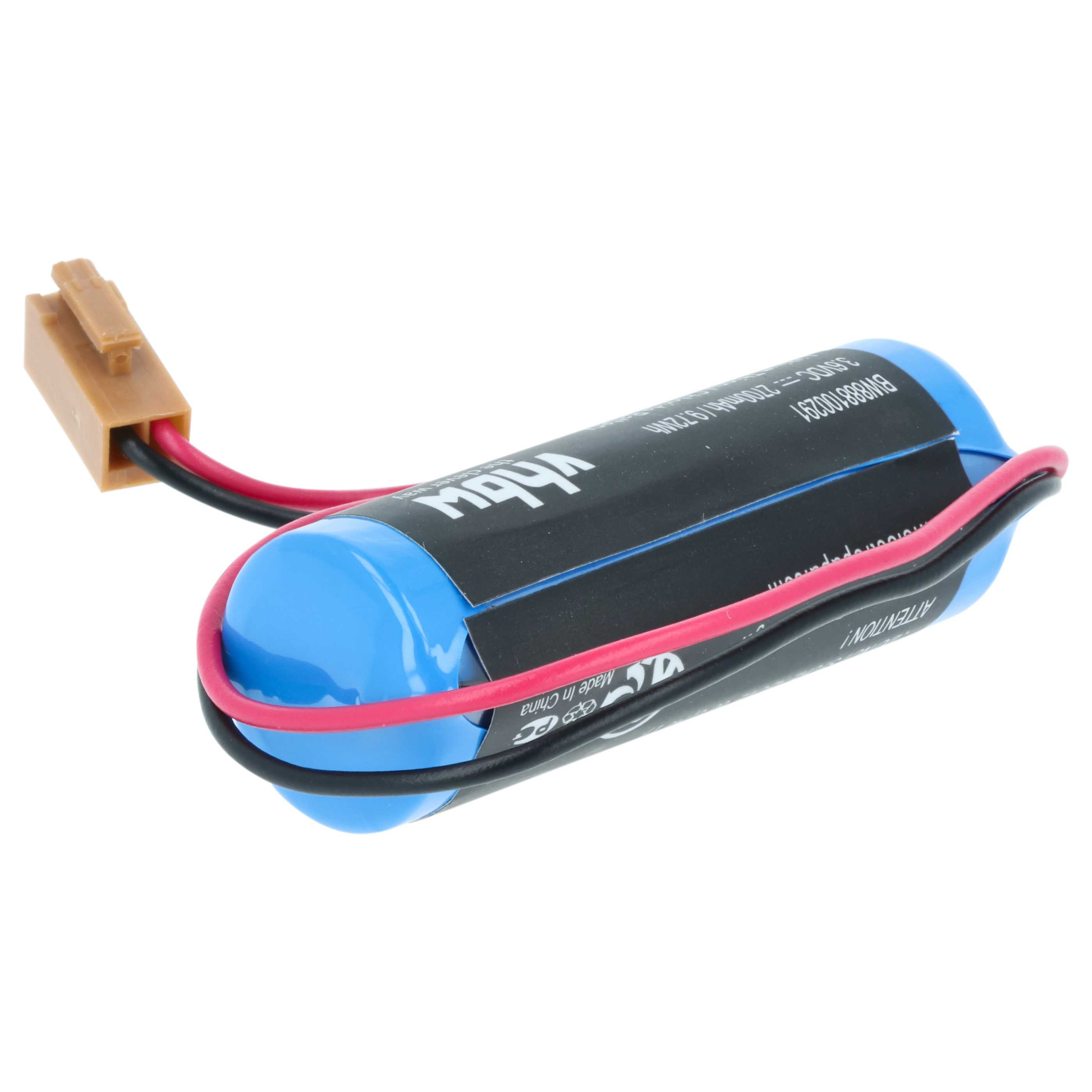 Eine blaue Batterie mit schwarzen und roten Drähten und einem braunen Stecker. Die Batterie hat Etiketten und Text.