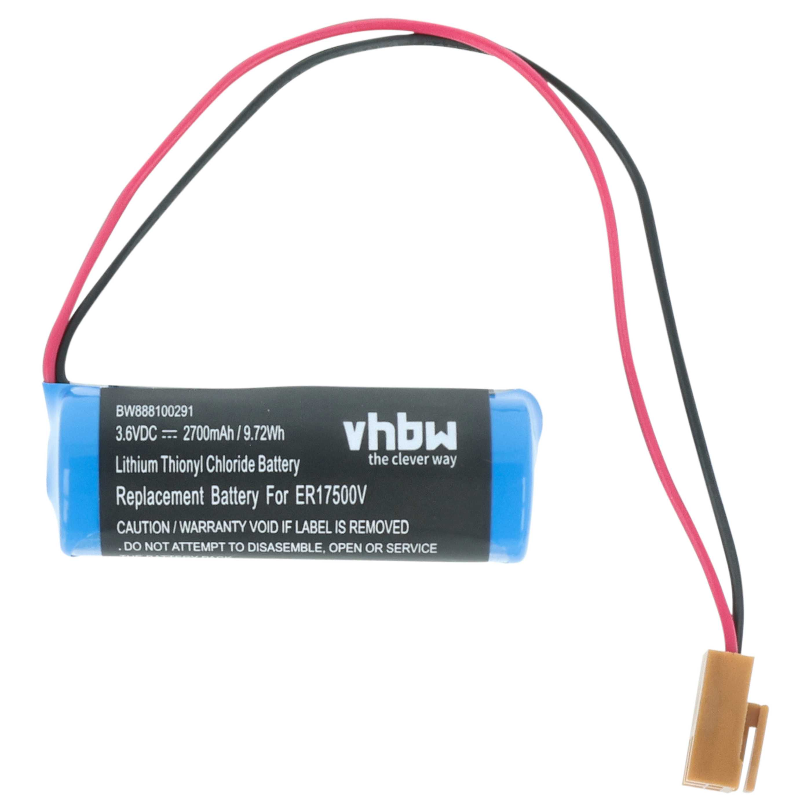Eine blaue Batterie mit schwarzem Text und Drähten. Die Drähte sind rot und schwarz, mit einem braunen Stecker am Ende.