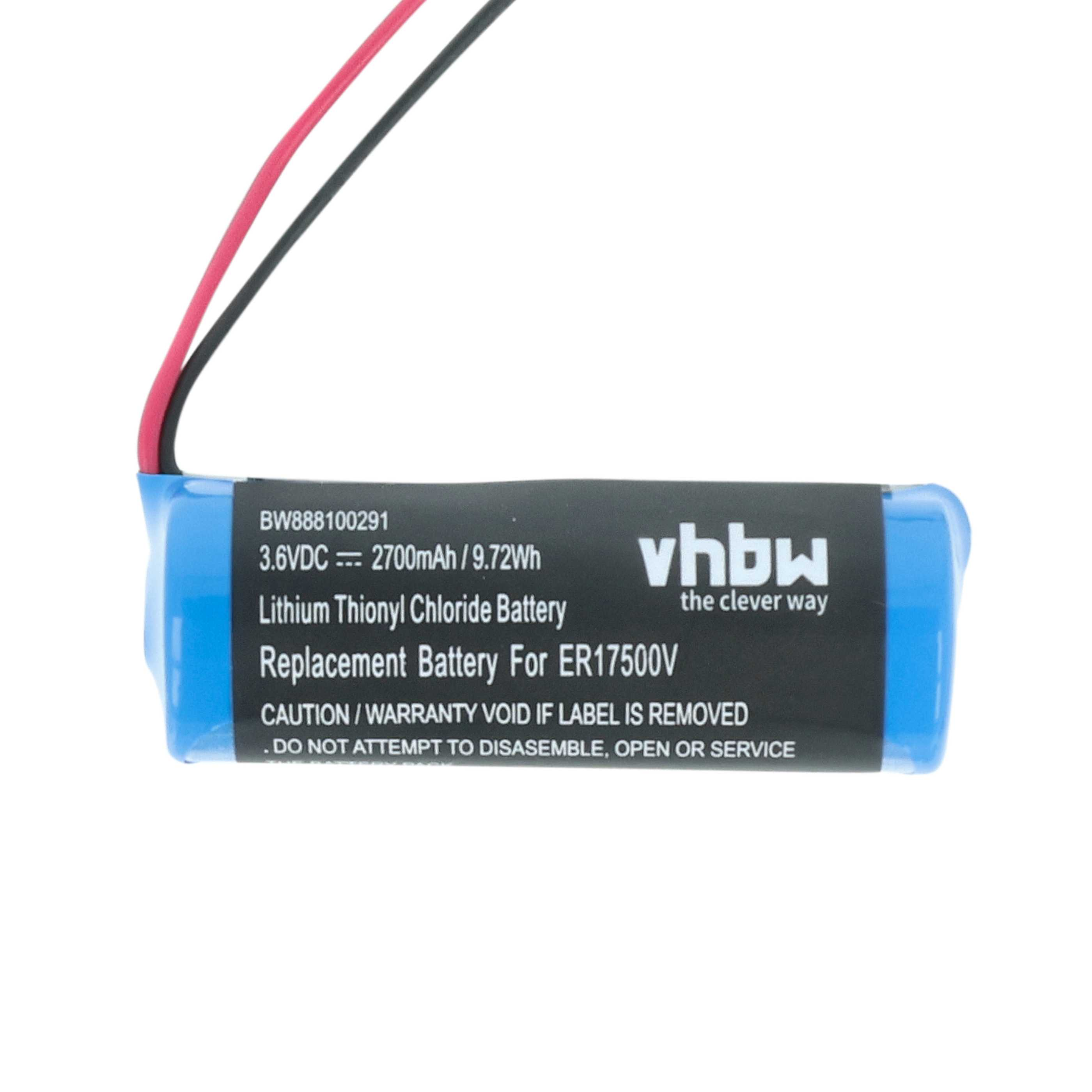 Eine blaue Batterie mit schwarzen und roten Drähten. Sie hat Text: 3,6 VDC, Lithiumthionylchlorid-Batterie und vhbw.