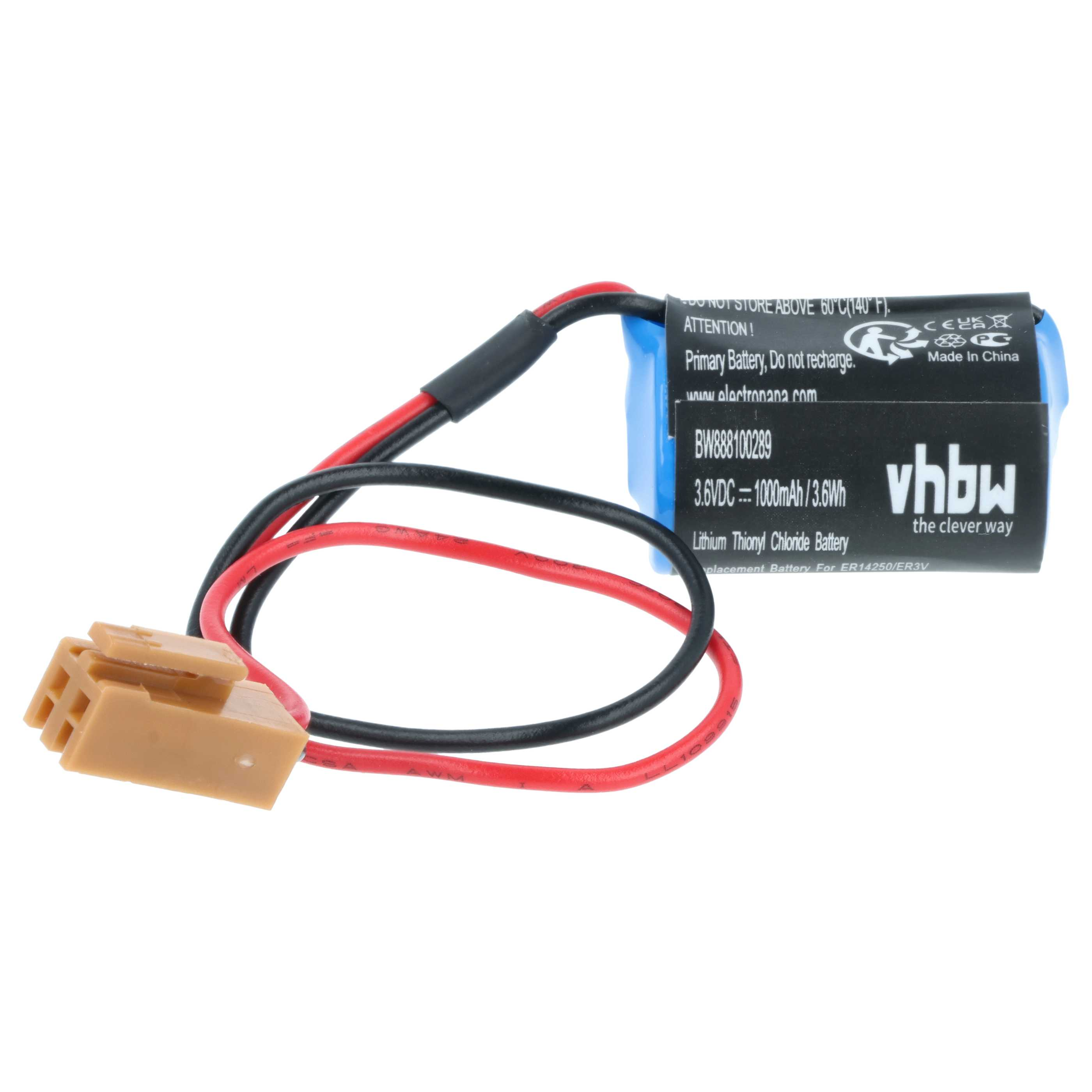 Eine Batterie mit schwarzen und roten Drähten und einem braunen Stecker. Die Batterie hat blaue und schwarze Etiketten.
