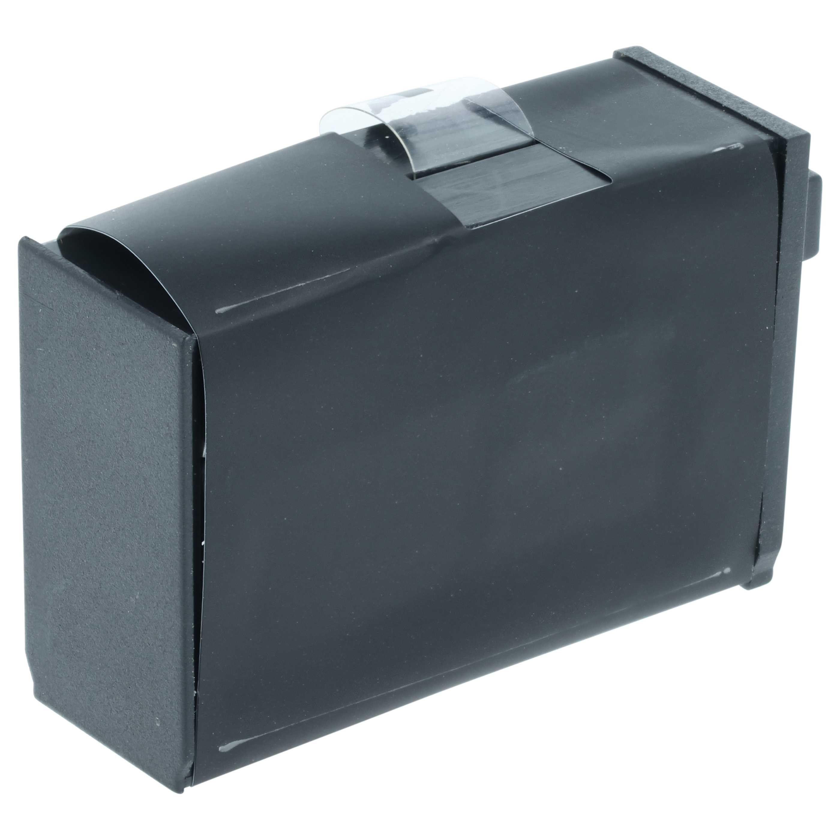 Eine schwarze, rechteckige Box mit einem gebogenen, durchsichtigen Plastikstück oben. Sie steht vor weißem Hintergrund.