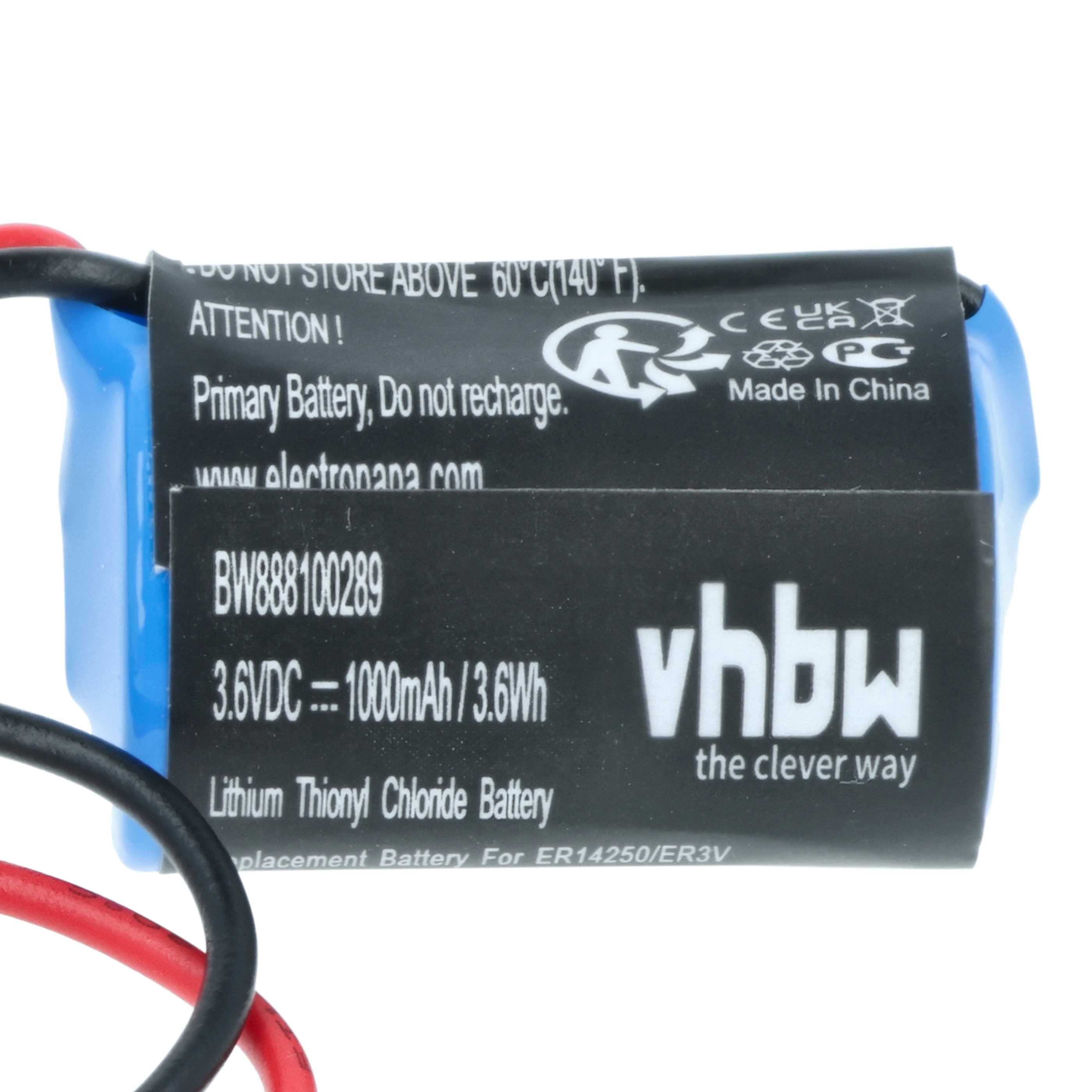 Eine Batterie mit schwarz-blauem Etikett, Text wie '3.6VDC', 'Lithium Thionyl Chloride Battery' und dem 'vhbw'-Logo.