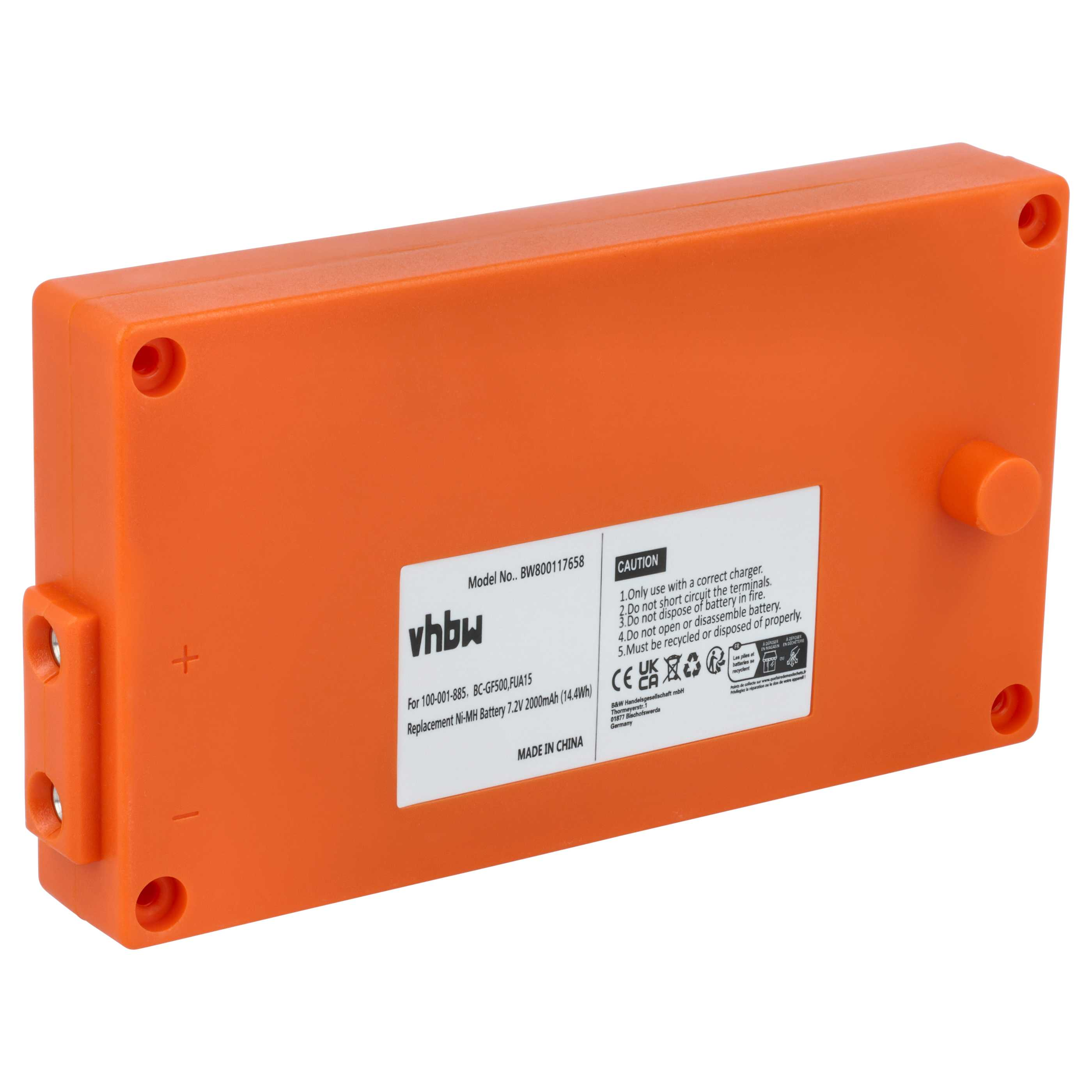 Ein orangefarbenes Batteriefach mit Text und Symbolen. Enthält ein Plus- und Minuszeichen sowie einen runden Knopf.