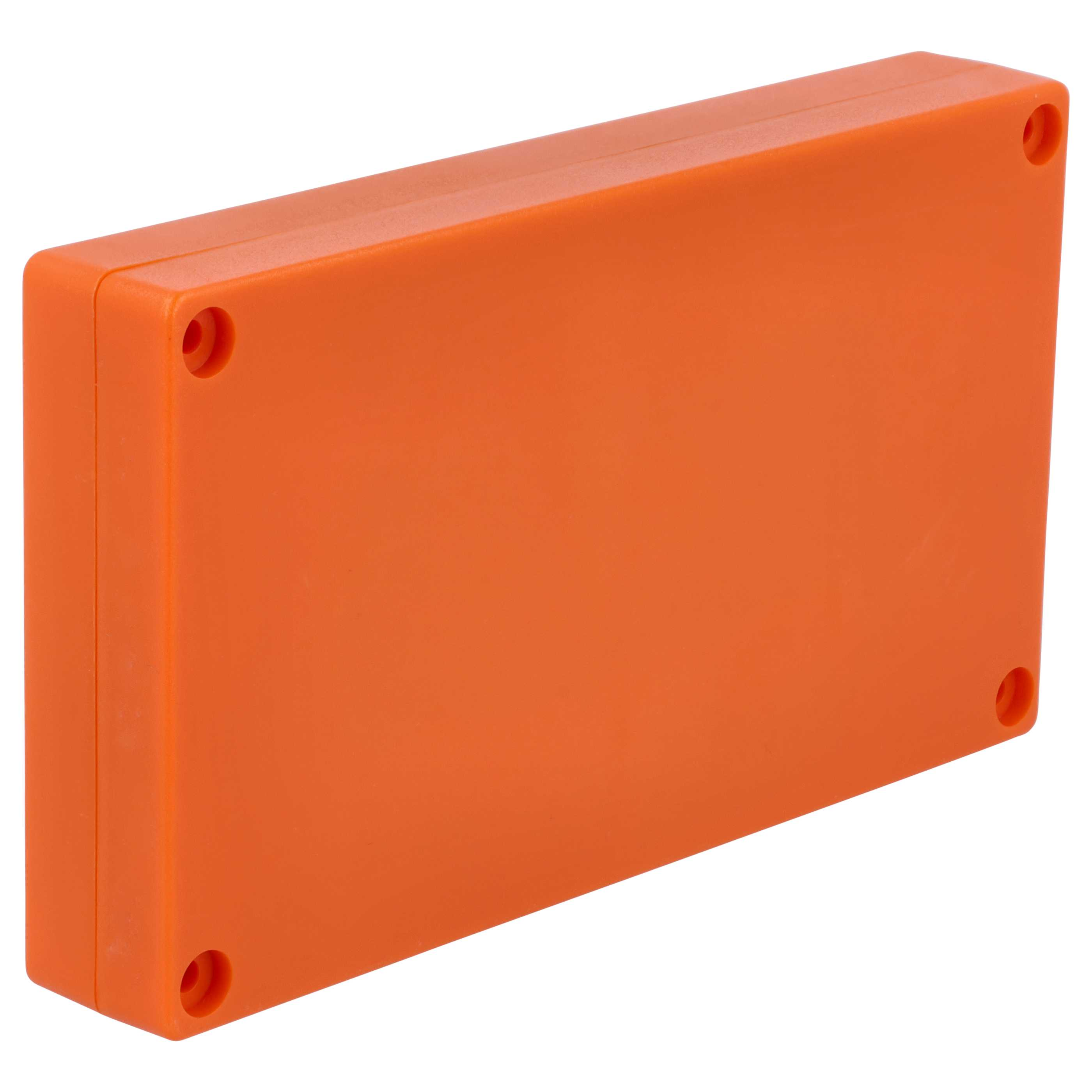 Eine orangefarbene rechteckige Plastikbox mit abgerundeten Ecken und vier Löchern. Weißer Hintergrund.