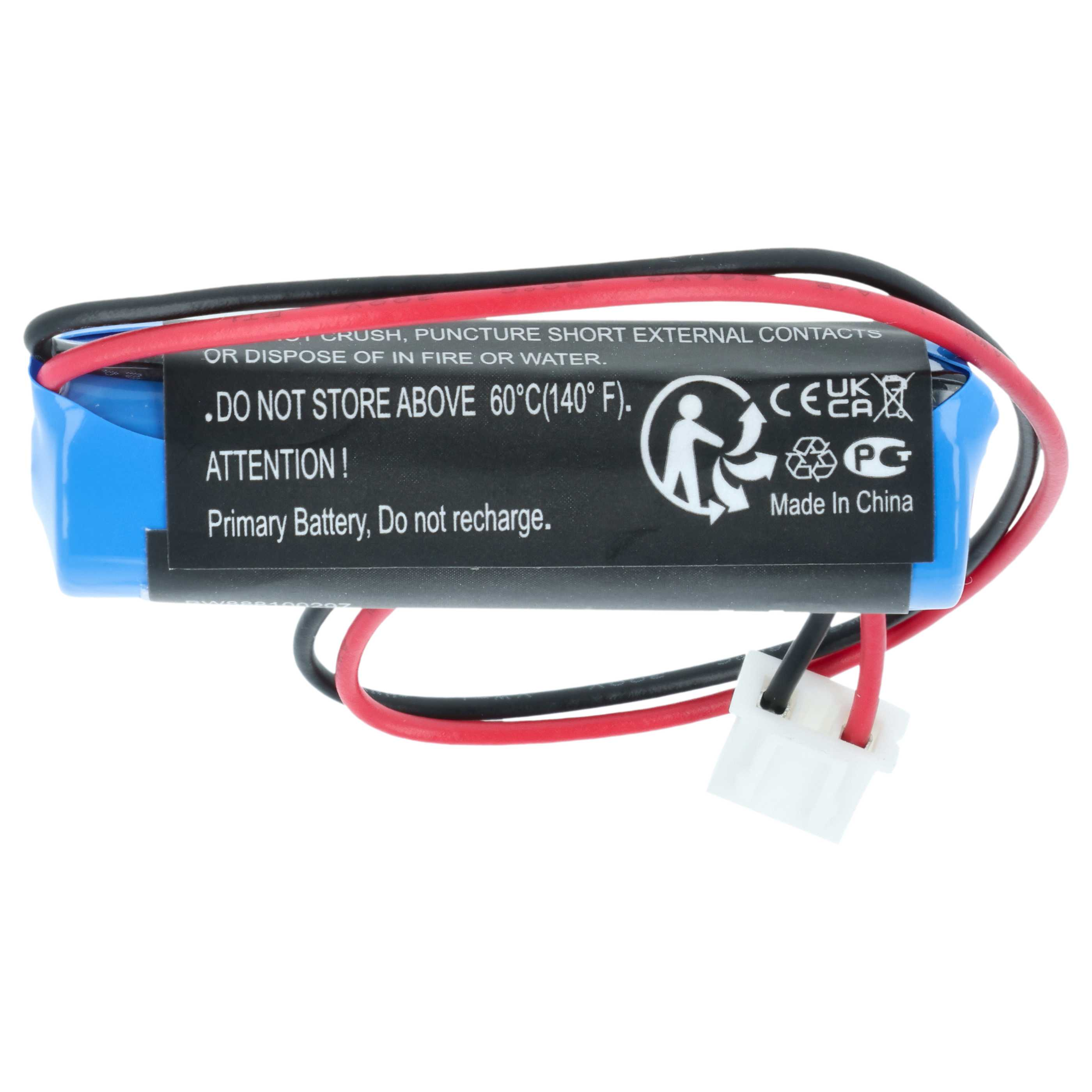 Eine blaue Batterie mit schwarzen und roten Drähten. Sie hat Warnhinweise und einen weißen Stecker.
