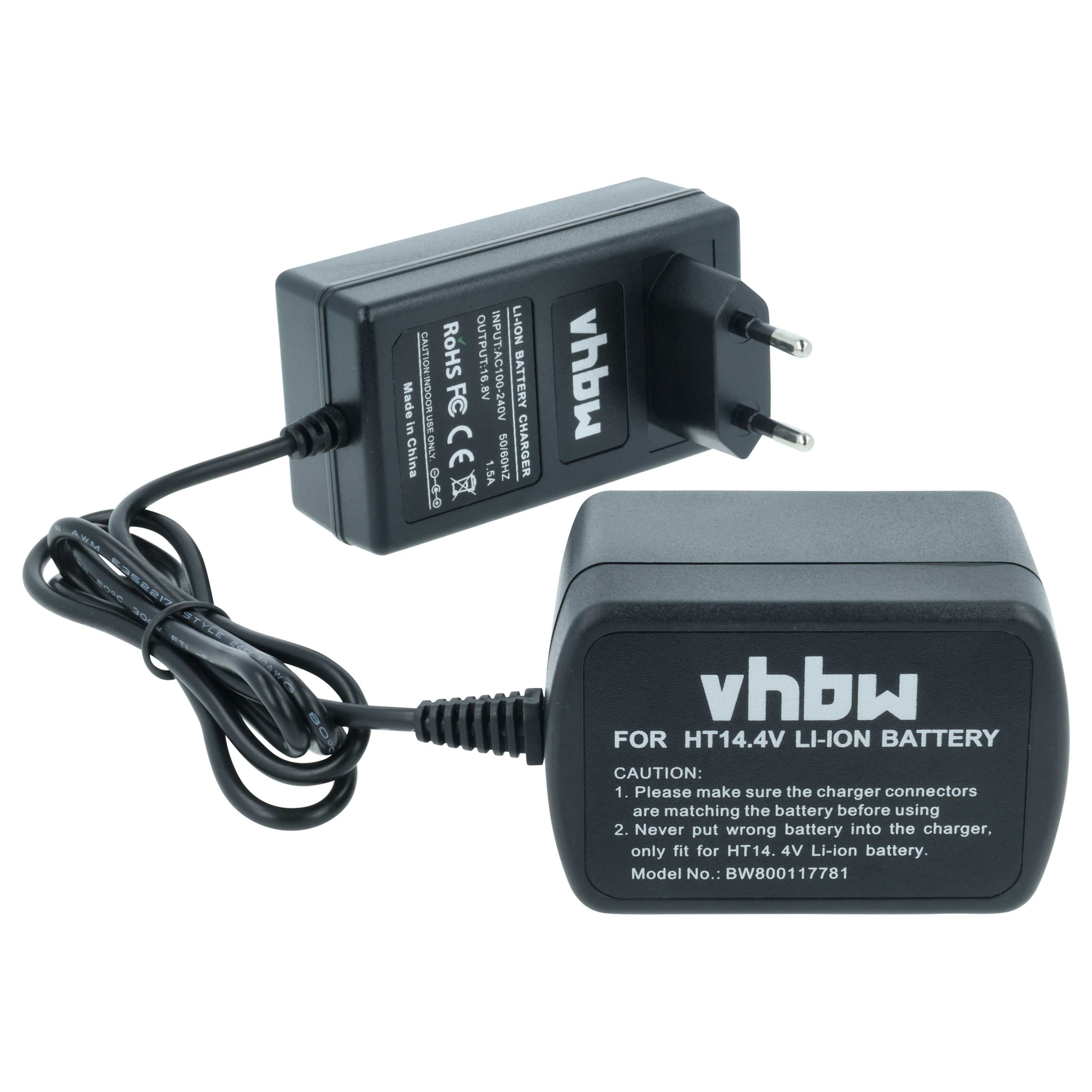 Zwei schwarze Batterieladegeräte mit Kabeln, eines in der Steckdose. Eines hat 'vhbw' und 'HT14.4V Li-ion Battery'.