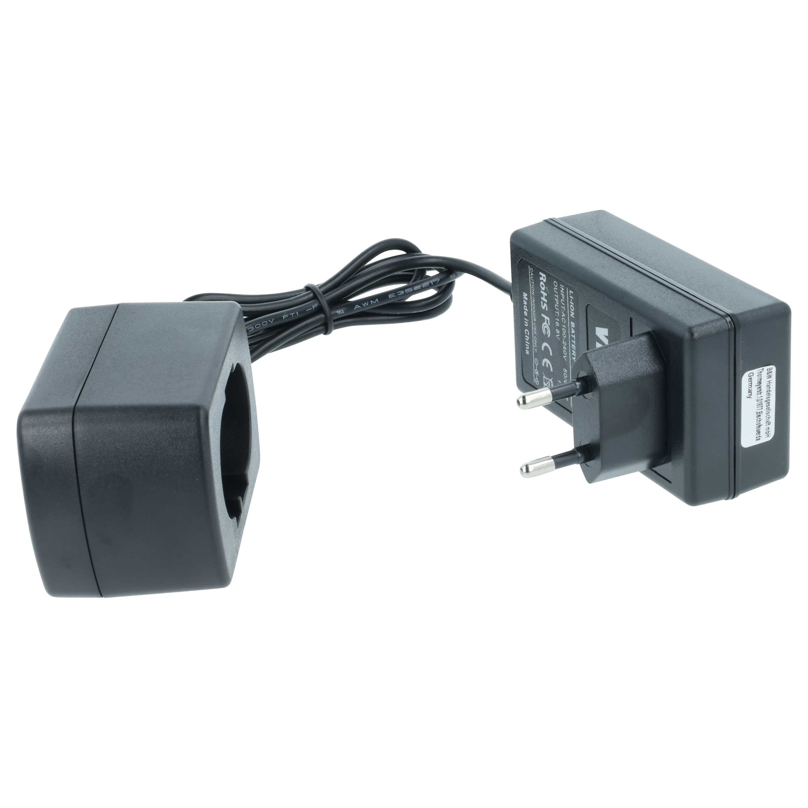 Ein schwarzes Netzteil mit Stecker und Buchse, verbunden durch ein schwarzes Kabel, auf weißem Hintergrund.