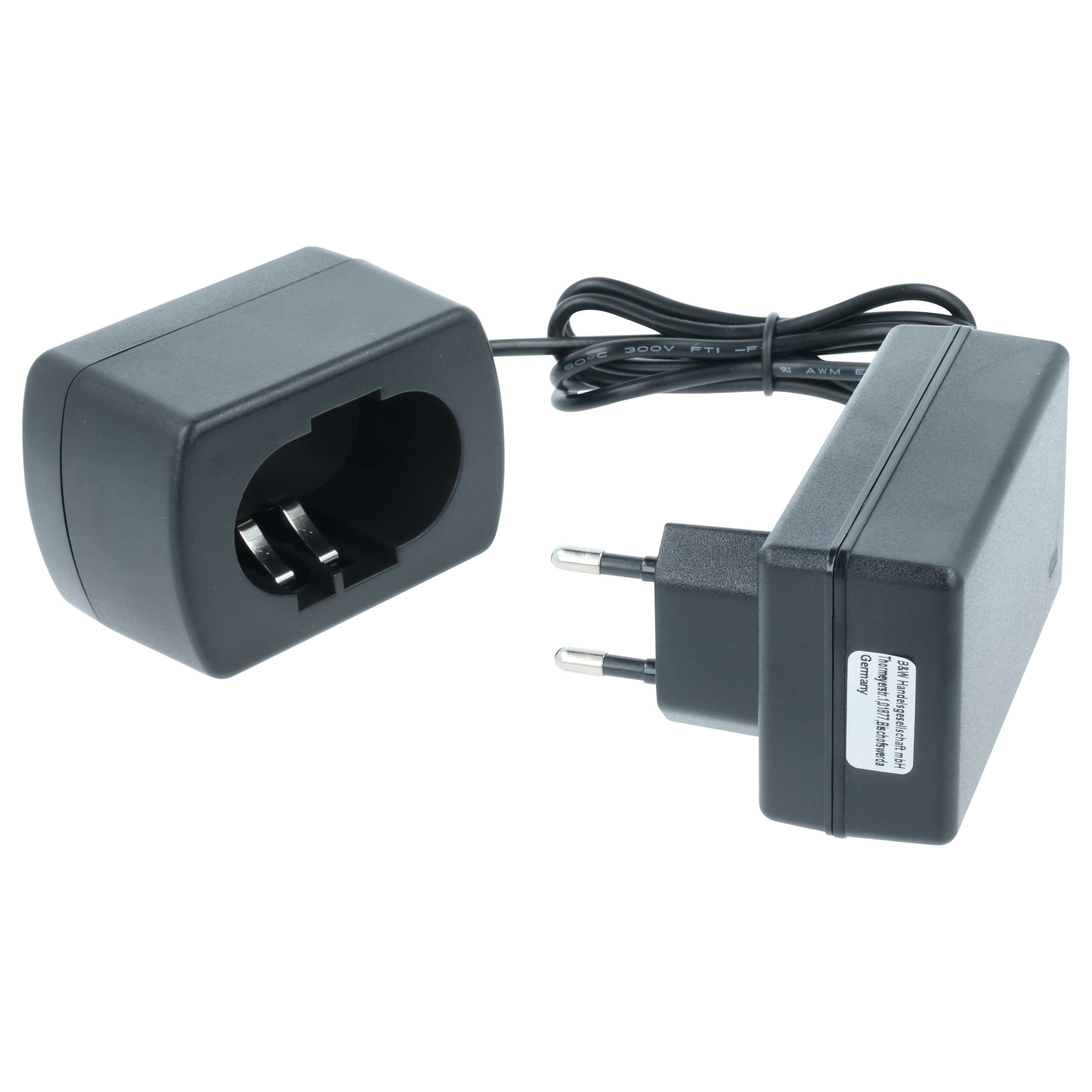 Ein schwarzes Ladegerät mit zwei Teilen, verbunden durch ein Kabel. Der Stecker befindet sich auf der rechten Seite. Weißer Hintergrund.