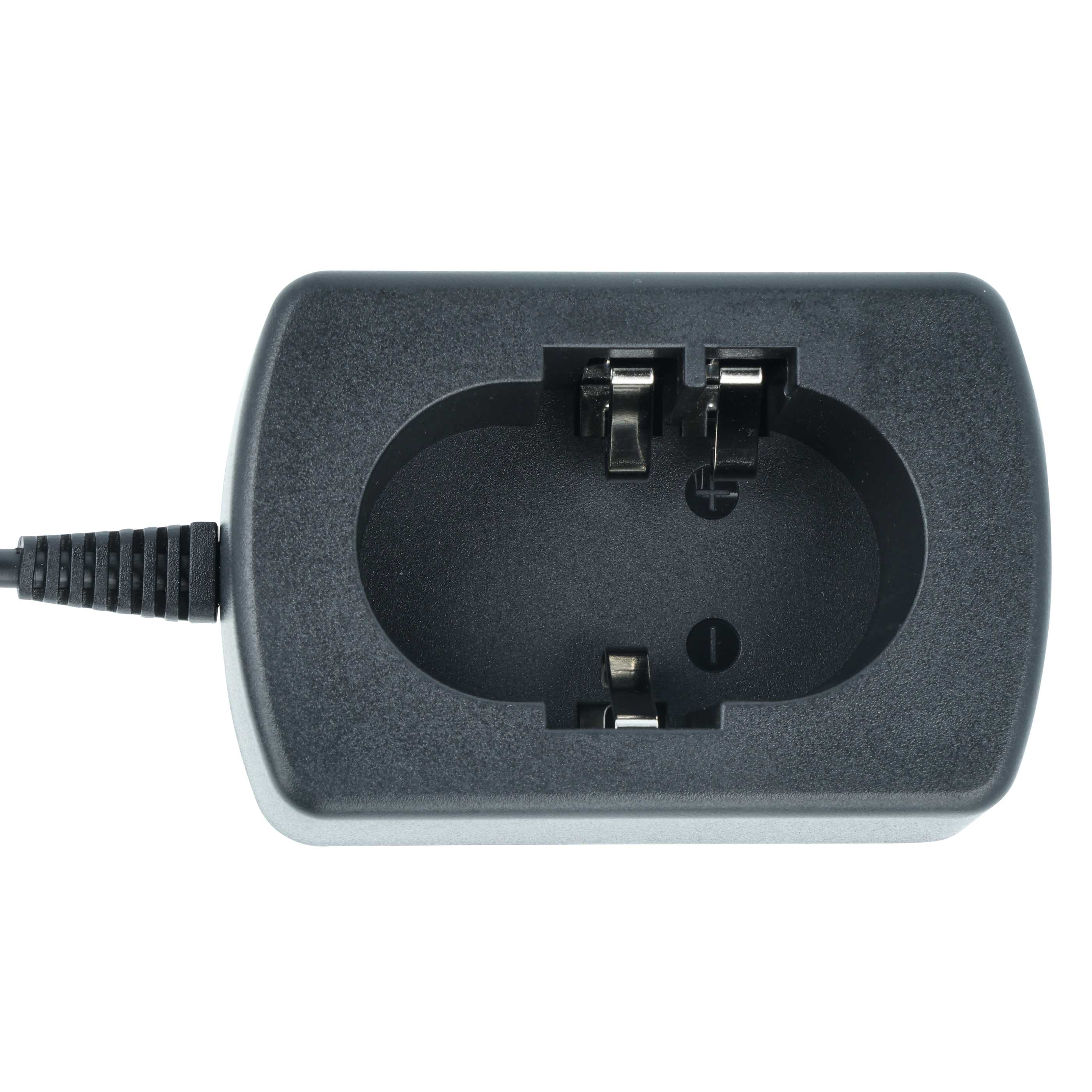 Ein dunkelgraues Batterieladegerät mit zwei Ladeschlitzen und einem schwarzen Kabel auf weißem Hintergrund.