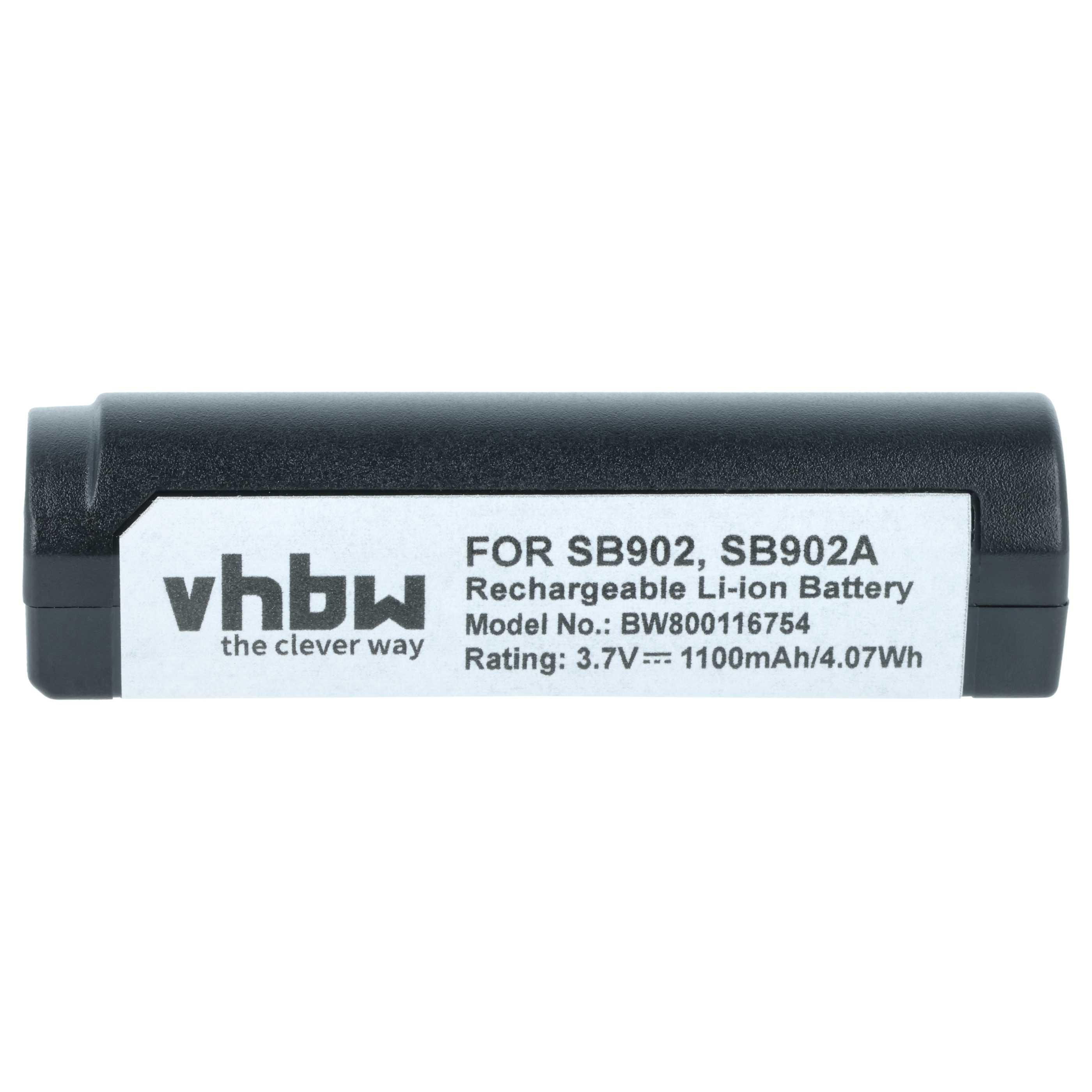 Ein schwarzer Akku mit weißem Etikett. Text: vhbw, FÜR SB902, SB902A, 3,7V, 1100mAh.