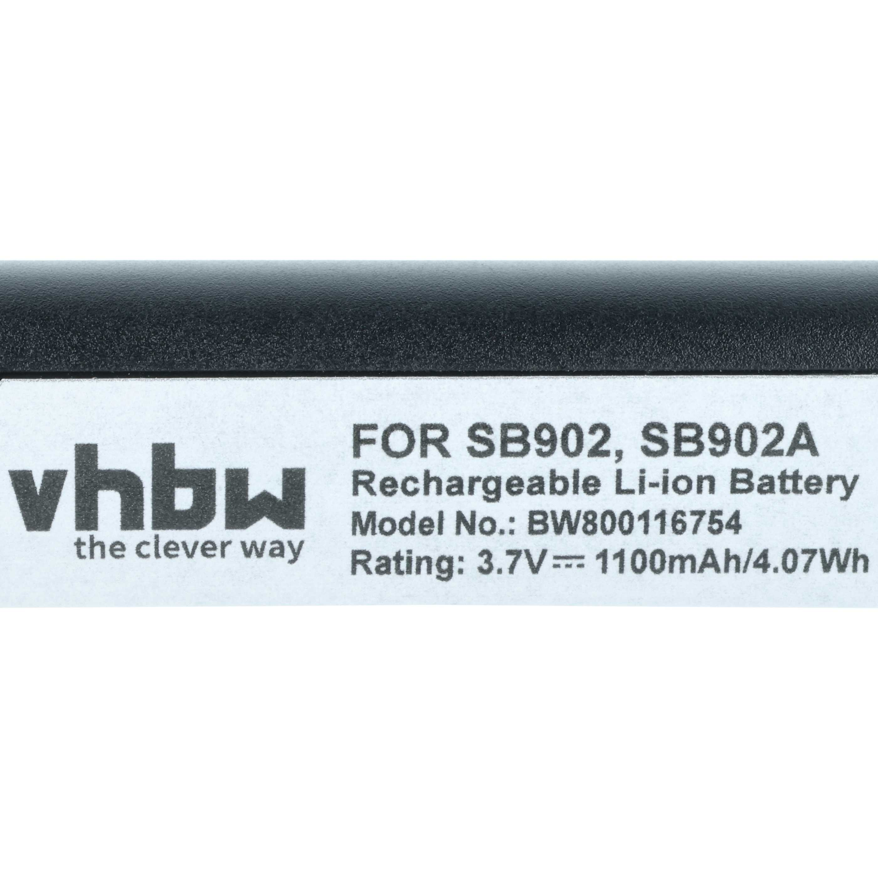 Ein Etikett zeigt 'vhbw' und Batterieinformationen: Modelle SB902, SB902A, 3,7 V, 1100 mAh. Schwarze Batterieoberseite.
