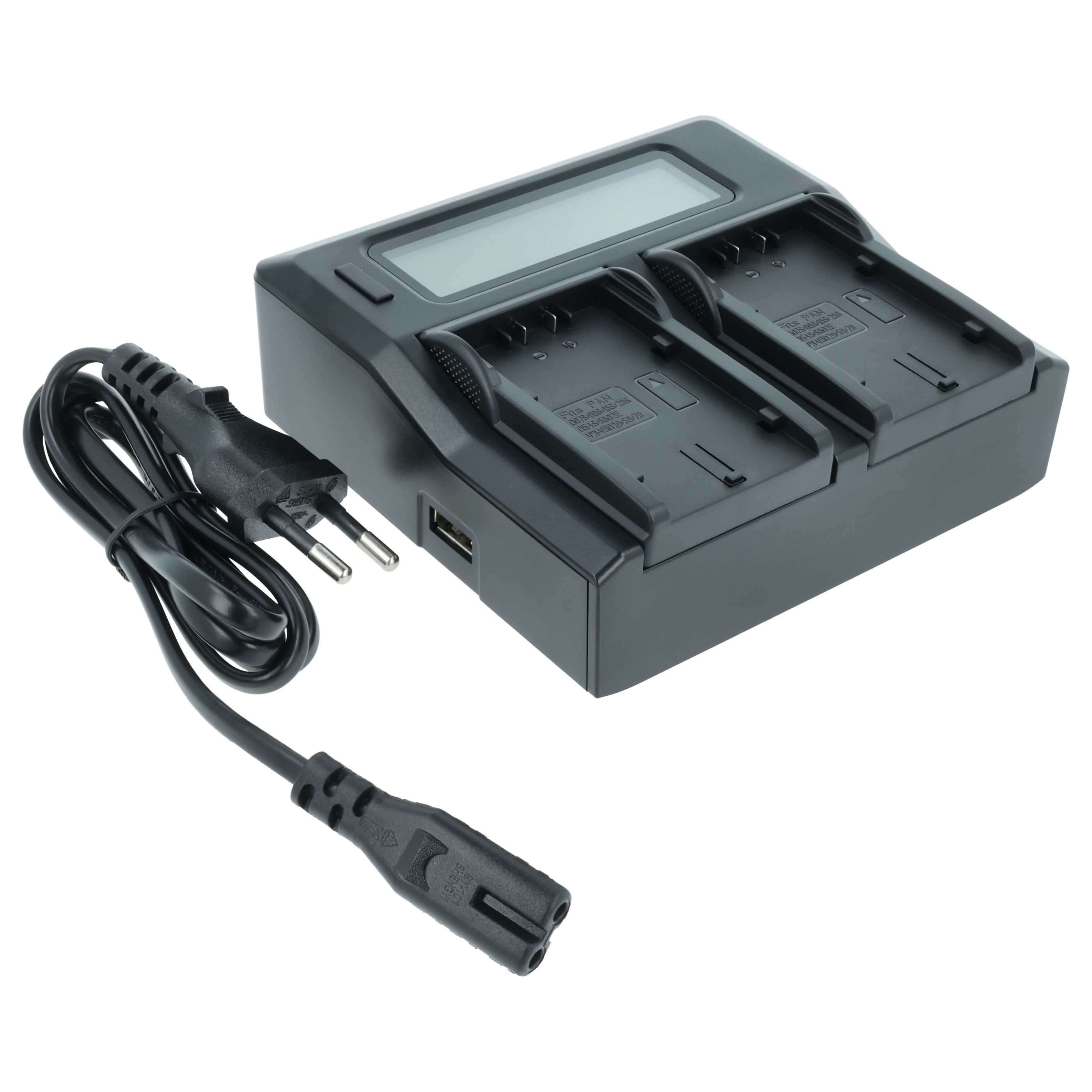 Ein schwarzes Batterieladegerät mit Digitalanzeige, zwei Ladeschächten und einem schwarzen Netzkabel mit Stecker.