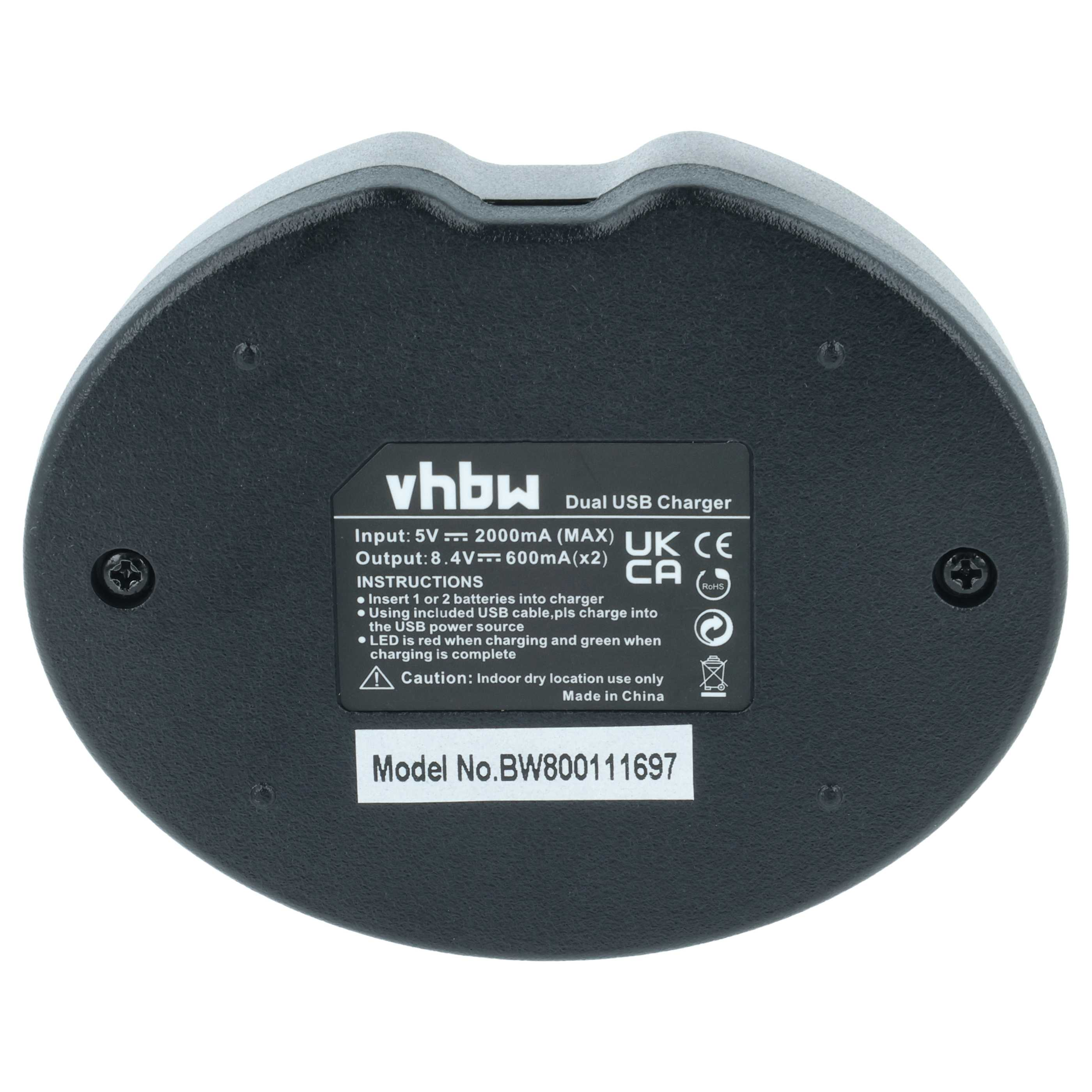 Schwarzes Dual-USB-Ladegerät mit weißem Text, Modellnummer und Anweisungen. Es hat eine runde Form.