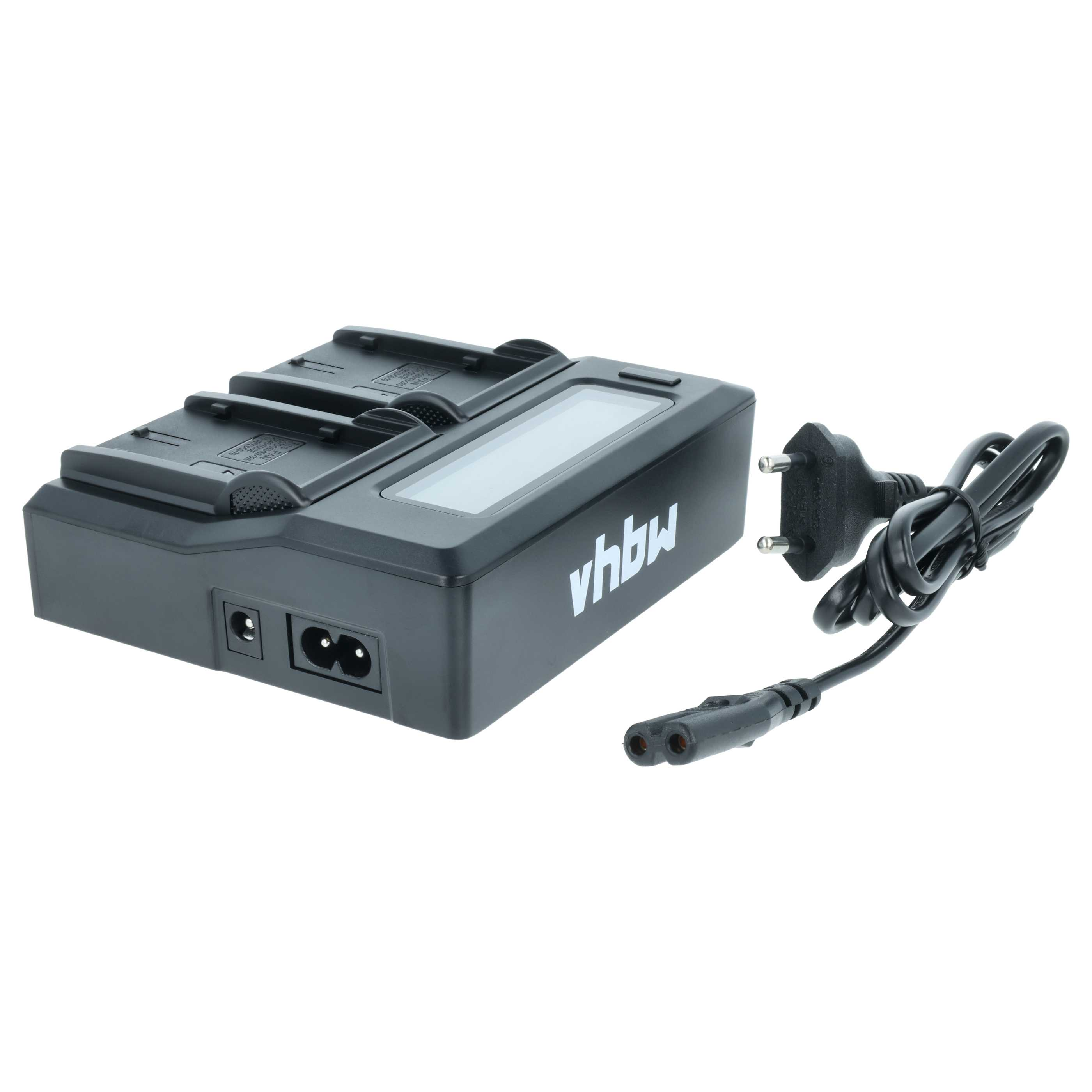 Ein schwarzes Batterieladegerät mit Netzkabel. Das Ladegerät hat ein Display und das Logo 'vhbw'.
