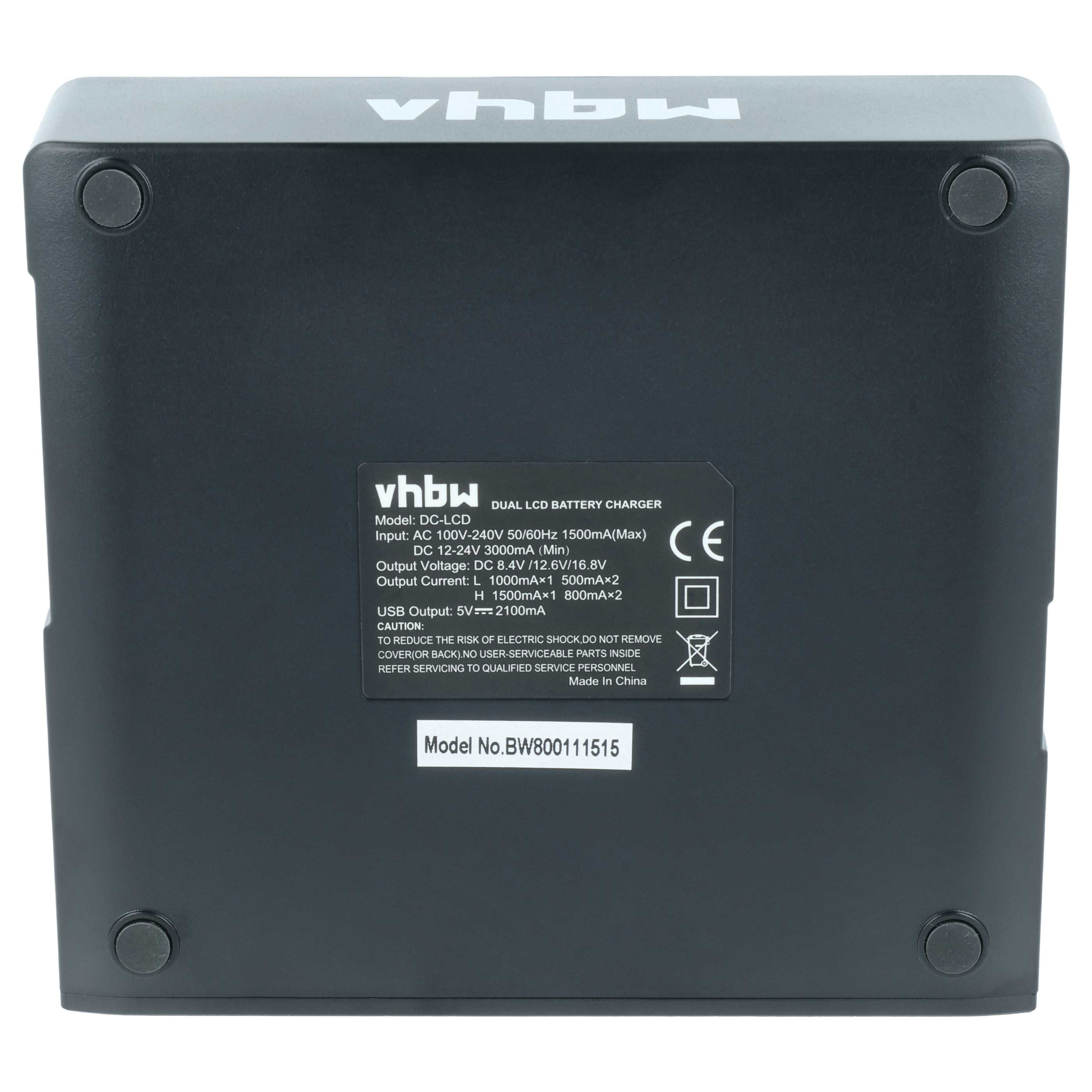 Ein schwarzes Dual-LCD-Batterieladegerät mit weißem Text, Modellnummer BW800111515 und CE-Zeichen.