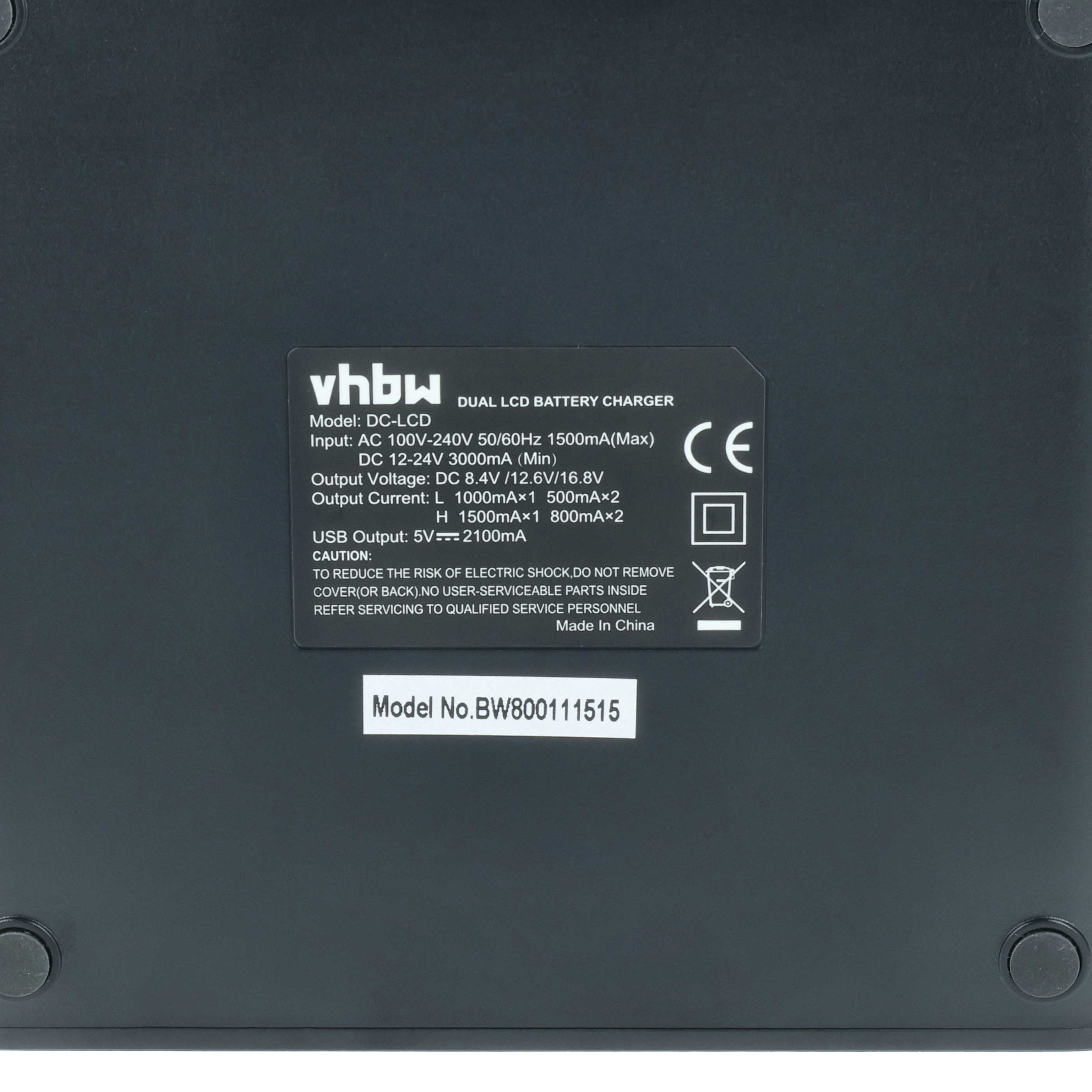 Ein schwarzes Batterieladegerät mit weißem Text, das Spezifikationen und die Modellnummer BW800111515 zeigt.