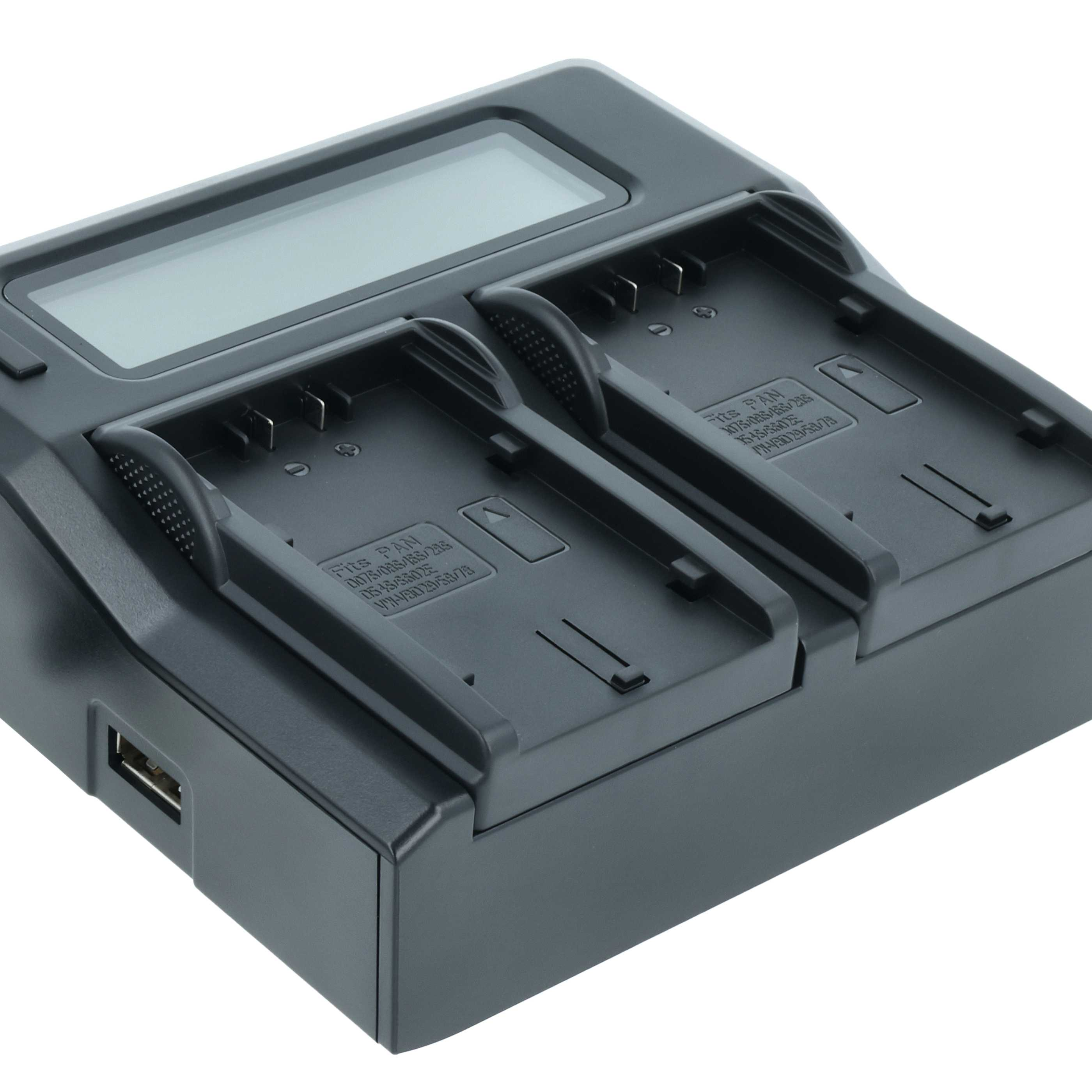 Ein dunkelgraues Batterieladegerät mit zwei Schlitzen, einem Display und einem USB-Anschluss. Weißer Hintergrund.