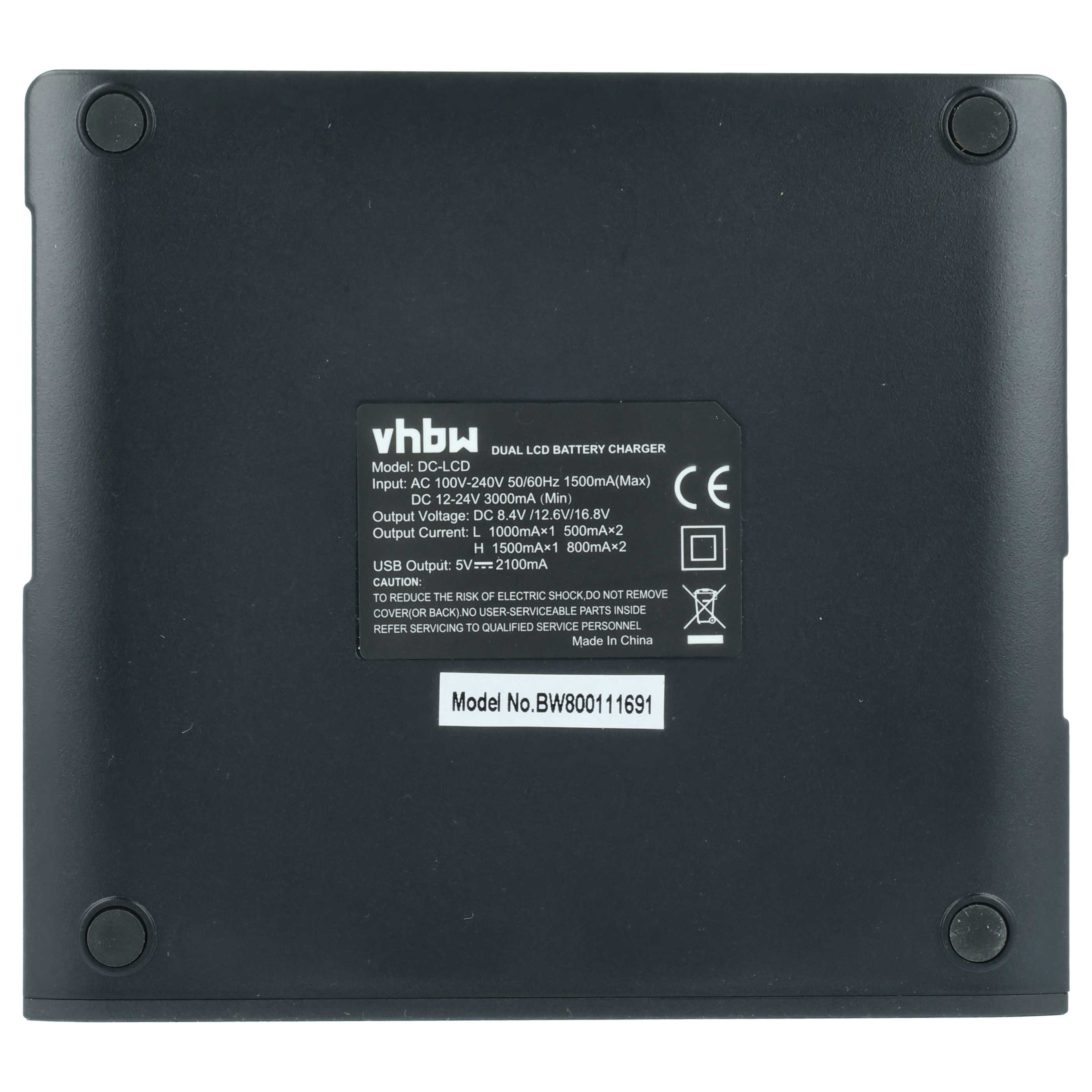 Ein schwarzes Batterieladegerät mit weißem Text, einschließlich Spezifikationen und CE-Kennzeichen. Vier Gummifüße sind sichtbar.