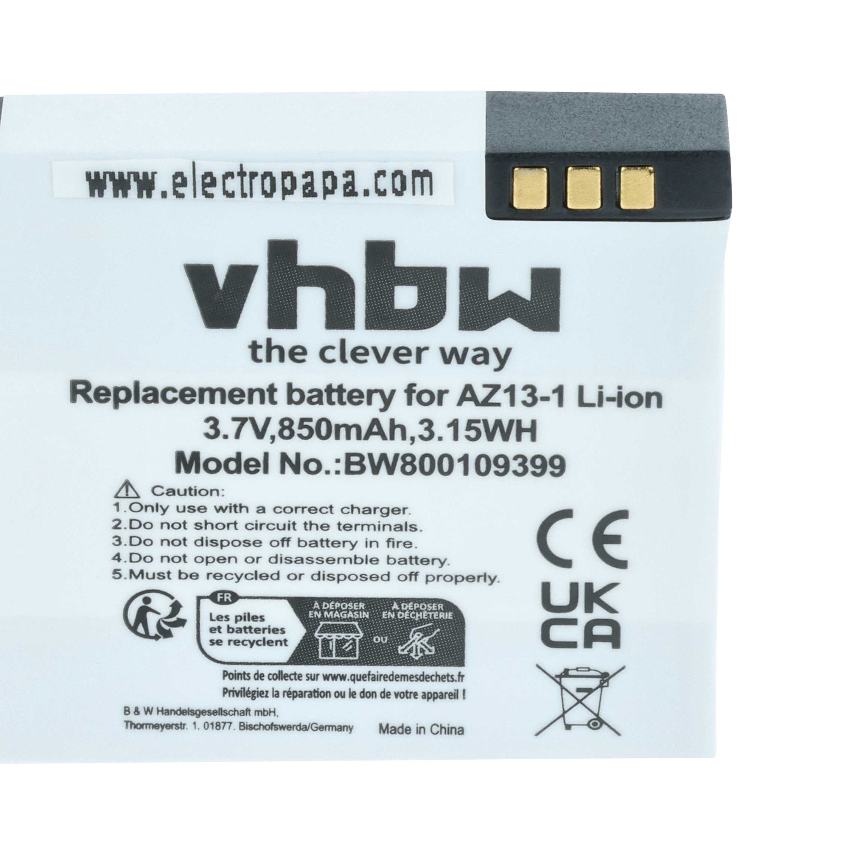 Weißes Batterielabel mit schwarzem Text. Enthält Produktinformationen, Warnhinweise und Recycling-Symbole. Marke 'vhbw'.