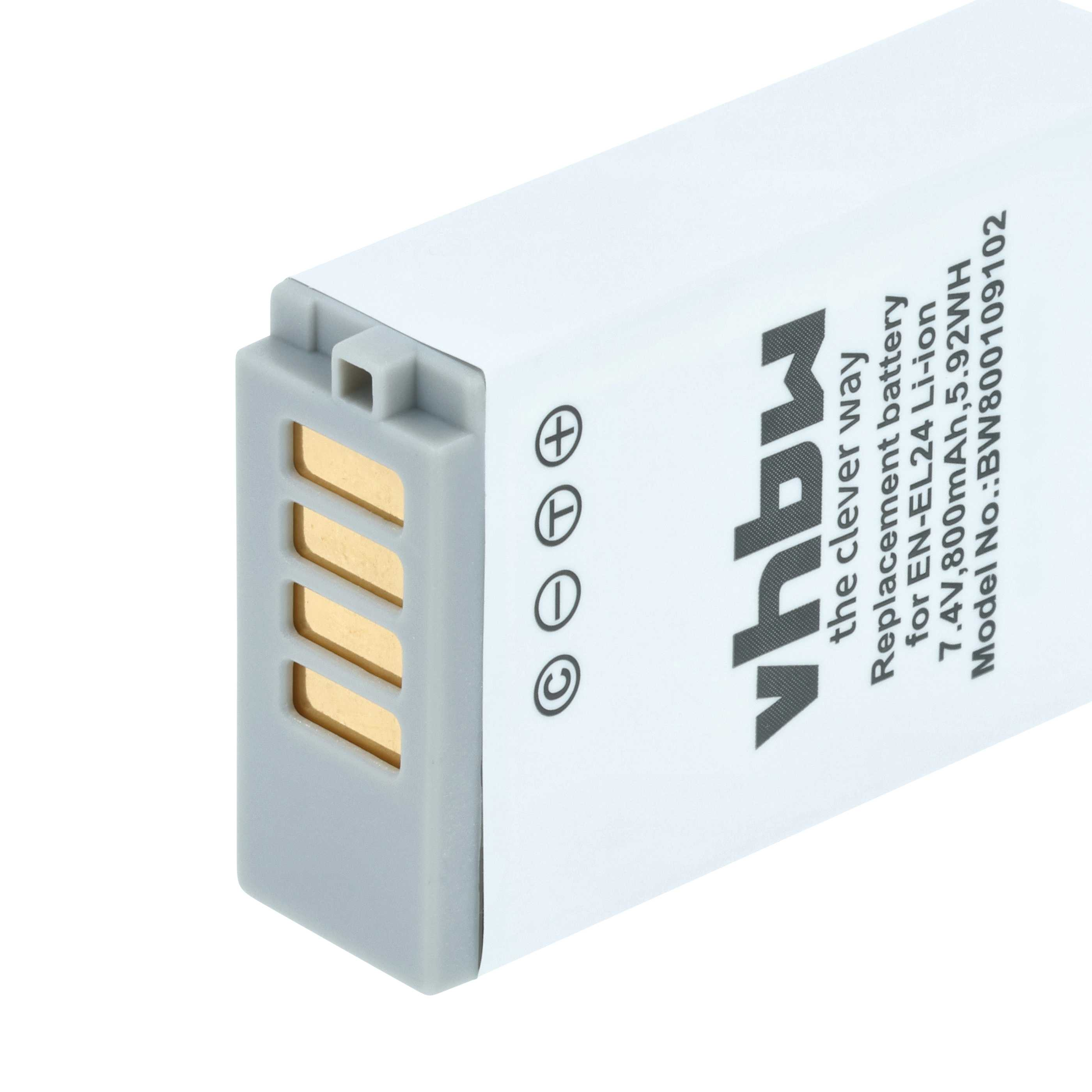 Ein weißer Akku mit grauen Details. Er hat goldene Anschlüsse und Text mit der Aufschrift 'vhbw' und 'Replacement battery'.