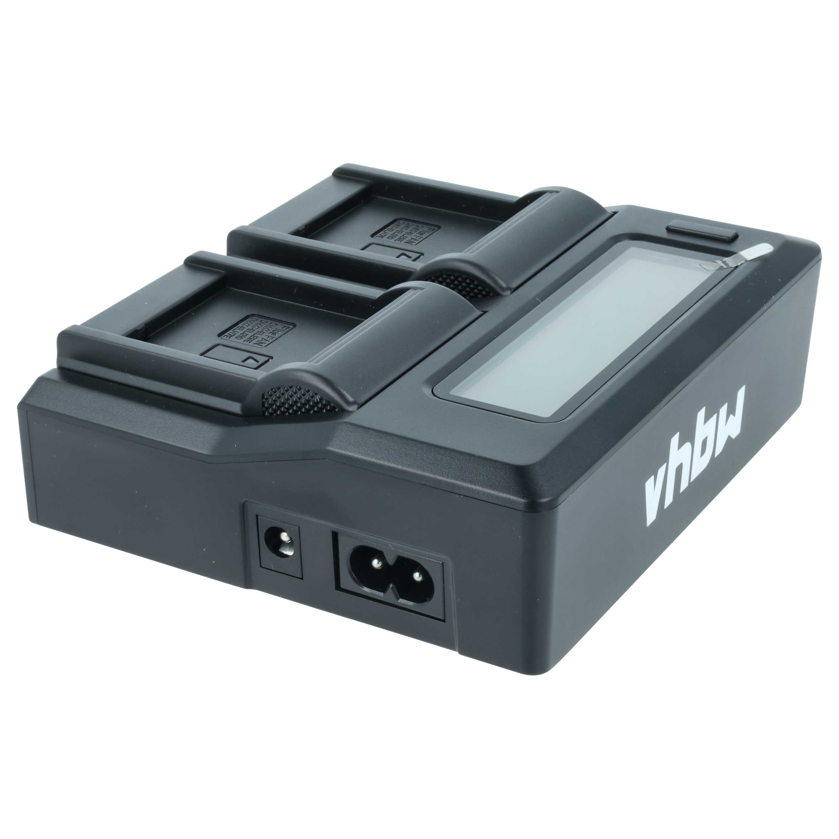 Schwarzes Batterieladegerät mit zwei Schlitzen, einem Display und Stromeingangsanschlüssen. Der Markenname vhbw steht darauf.
