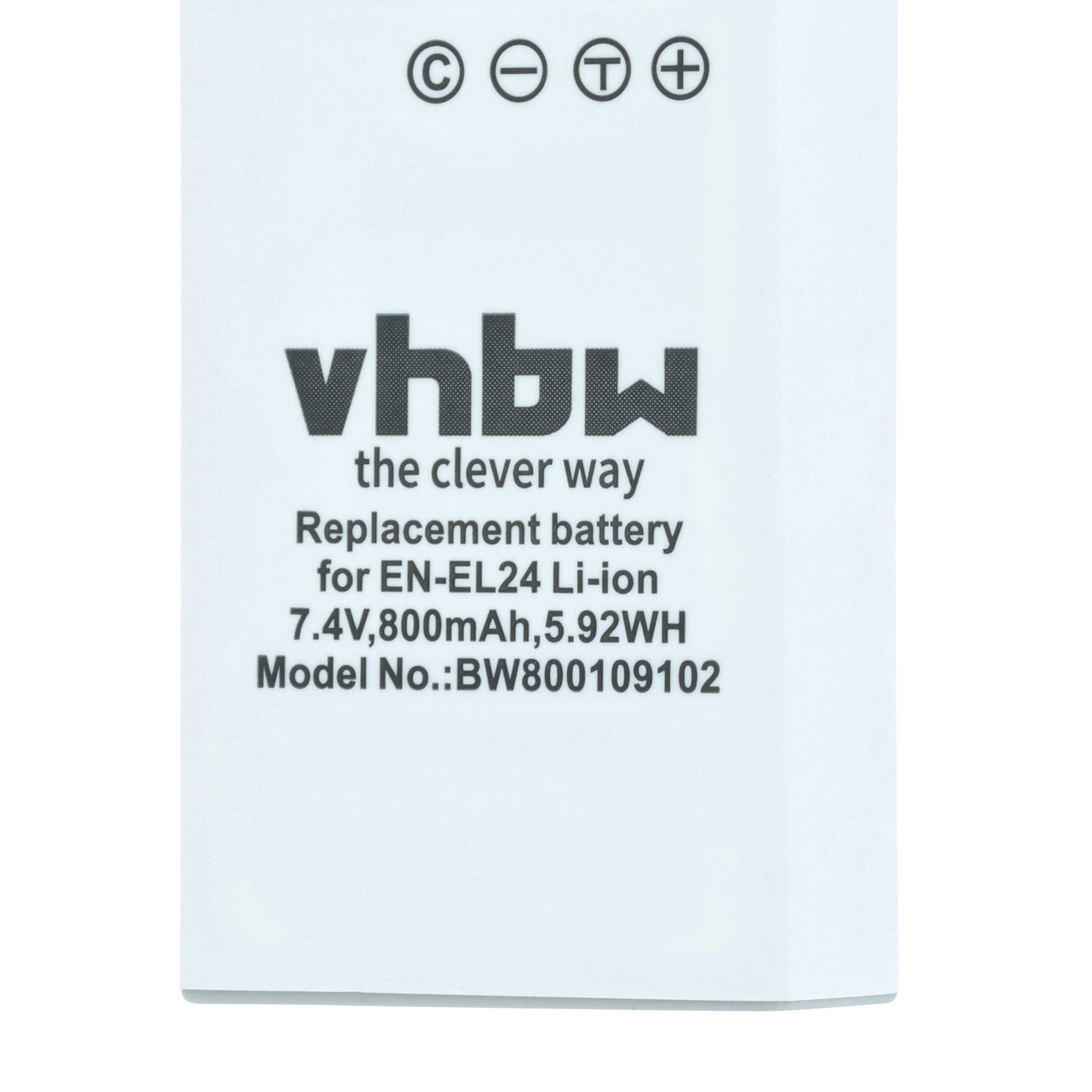 Weißer Akku mit schwarzem Text: vhbw, Ersatzbatterie für EN-EL24 Li-ion. Symbole und Spezifikationen sind ebenfalls sichtbar.