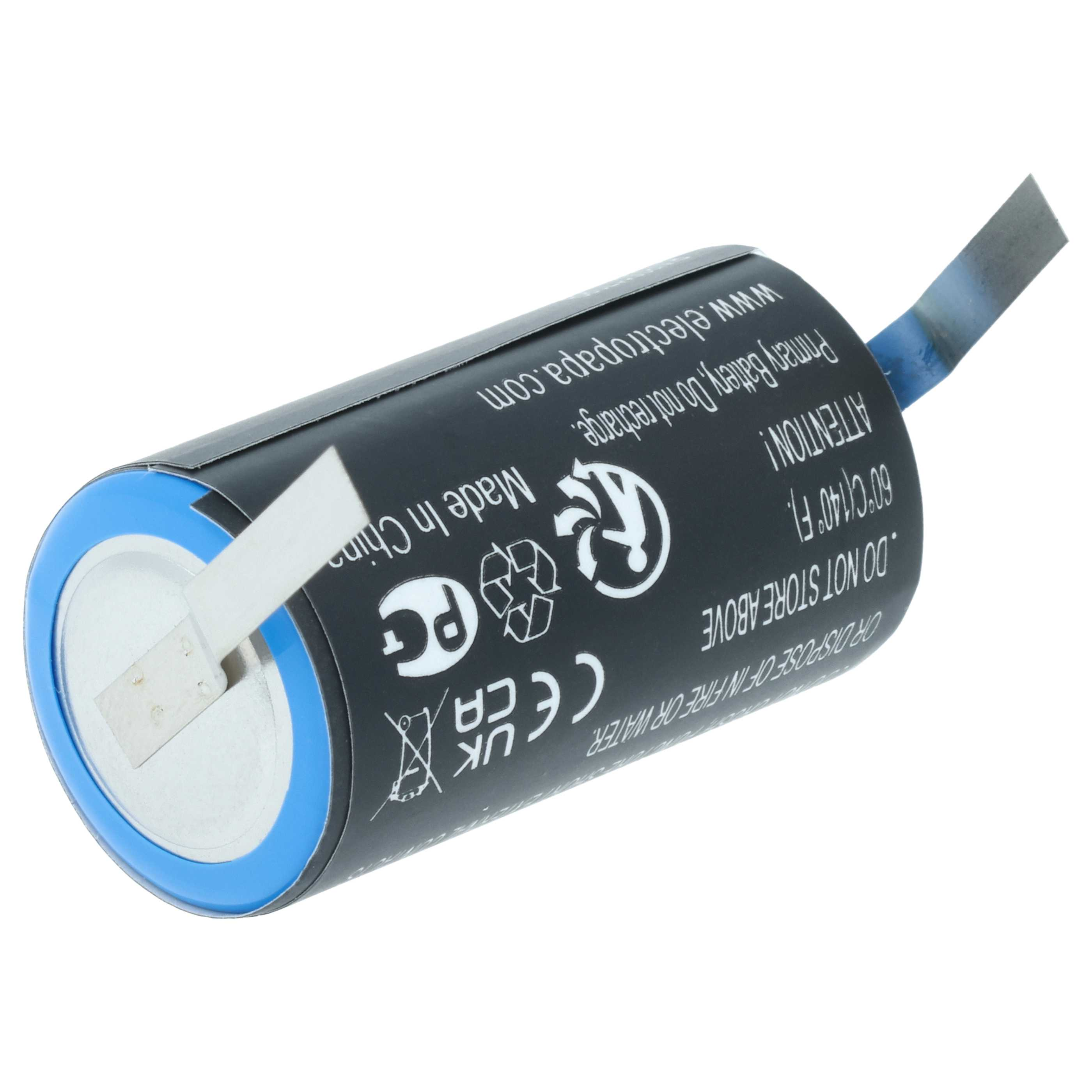 Eine zylindrische Batterie mit blauem Ring und weißen Laschen. Sie hat ein schwarzes Gehäuse mit weißem Text und Symbolen.