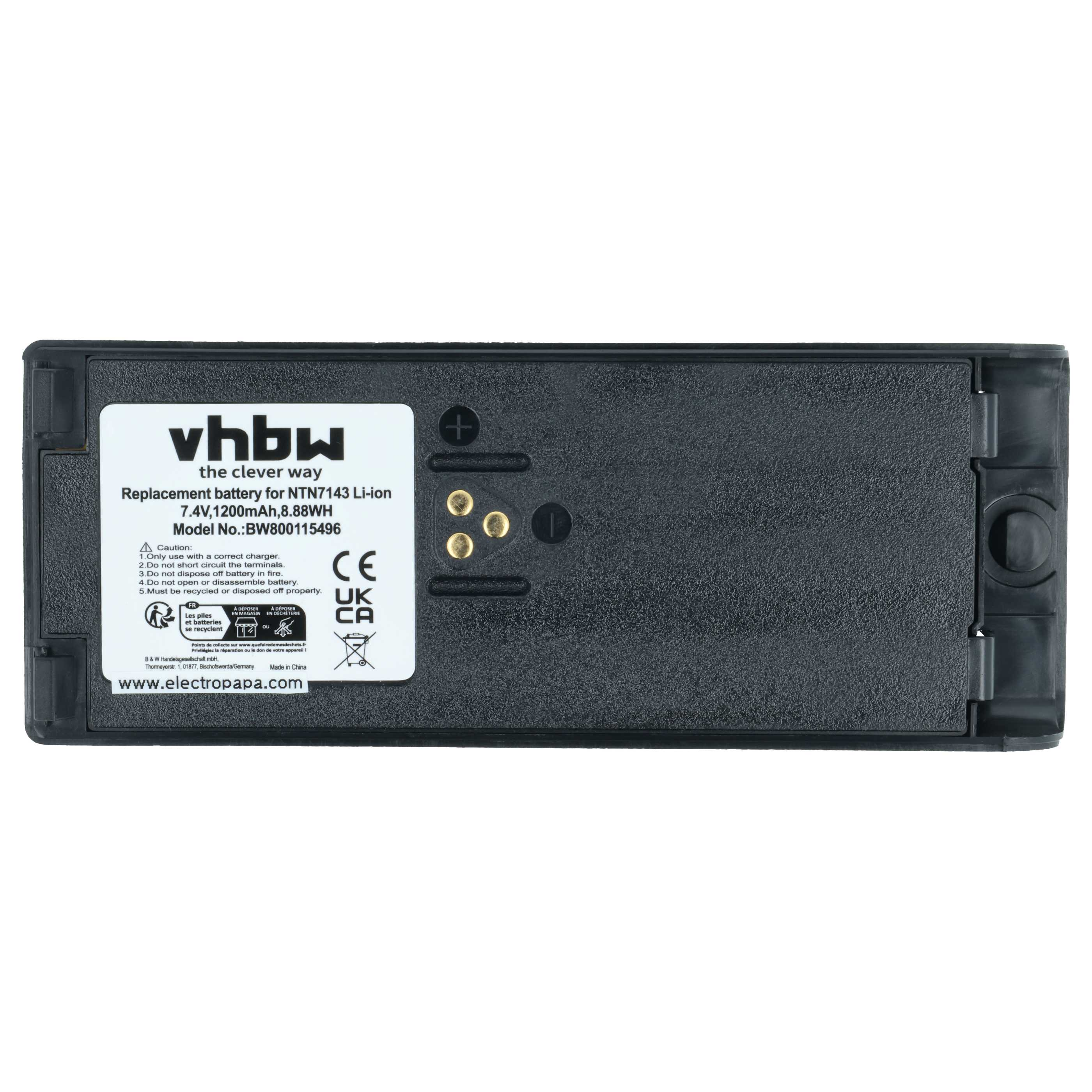 Schwarzer Akku mit weißem Etikett, Text: vhbw, Ersatzakku, 7,4V, 1200mAh. Plus- und Minus-Symbole.