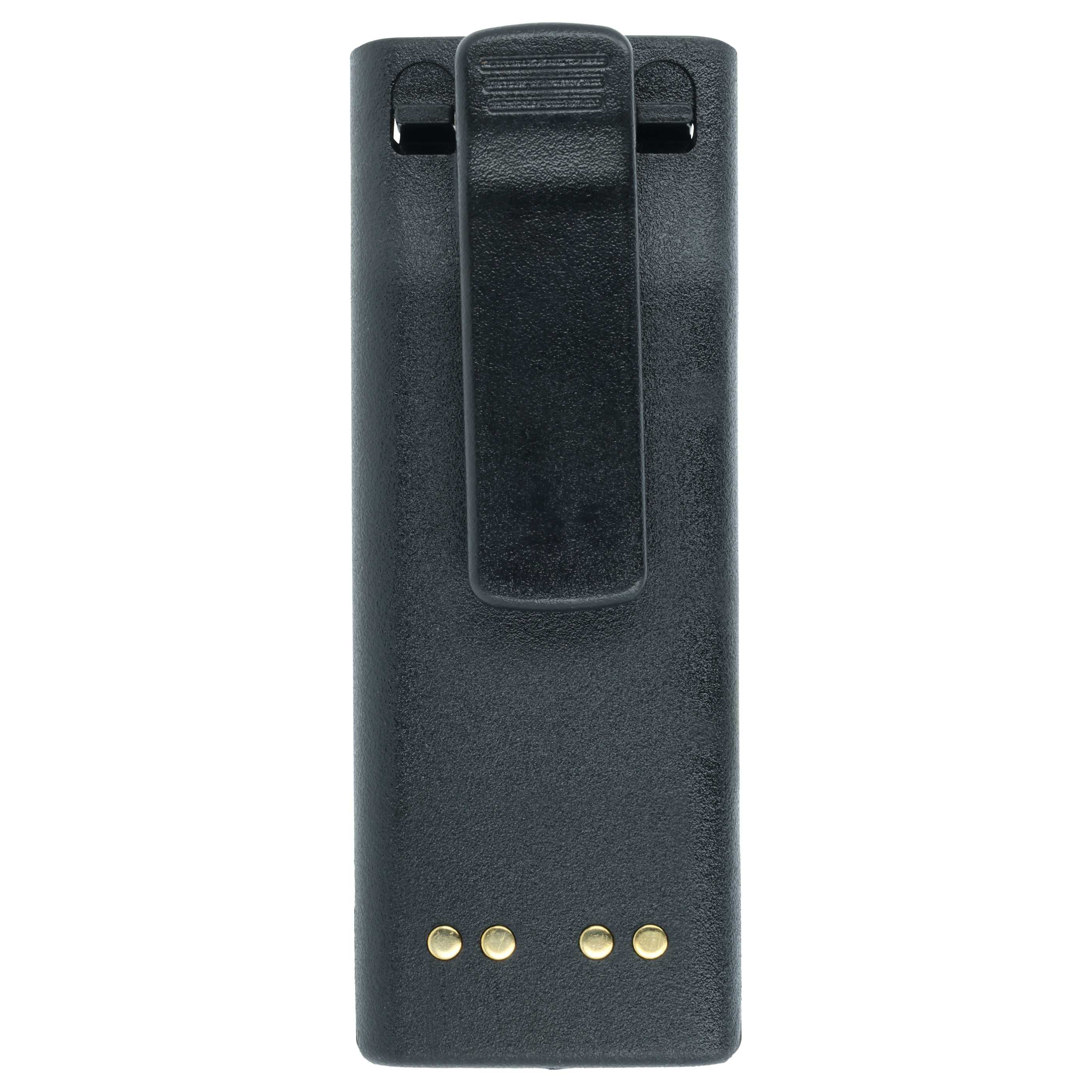 Eine schwarze Kunststoff-Funkbatteriehülle mit Gürtelclip auf weißem Hintergrund. Unten sind vier goldene Nieten sichtbar.