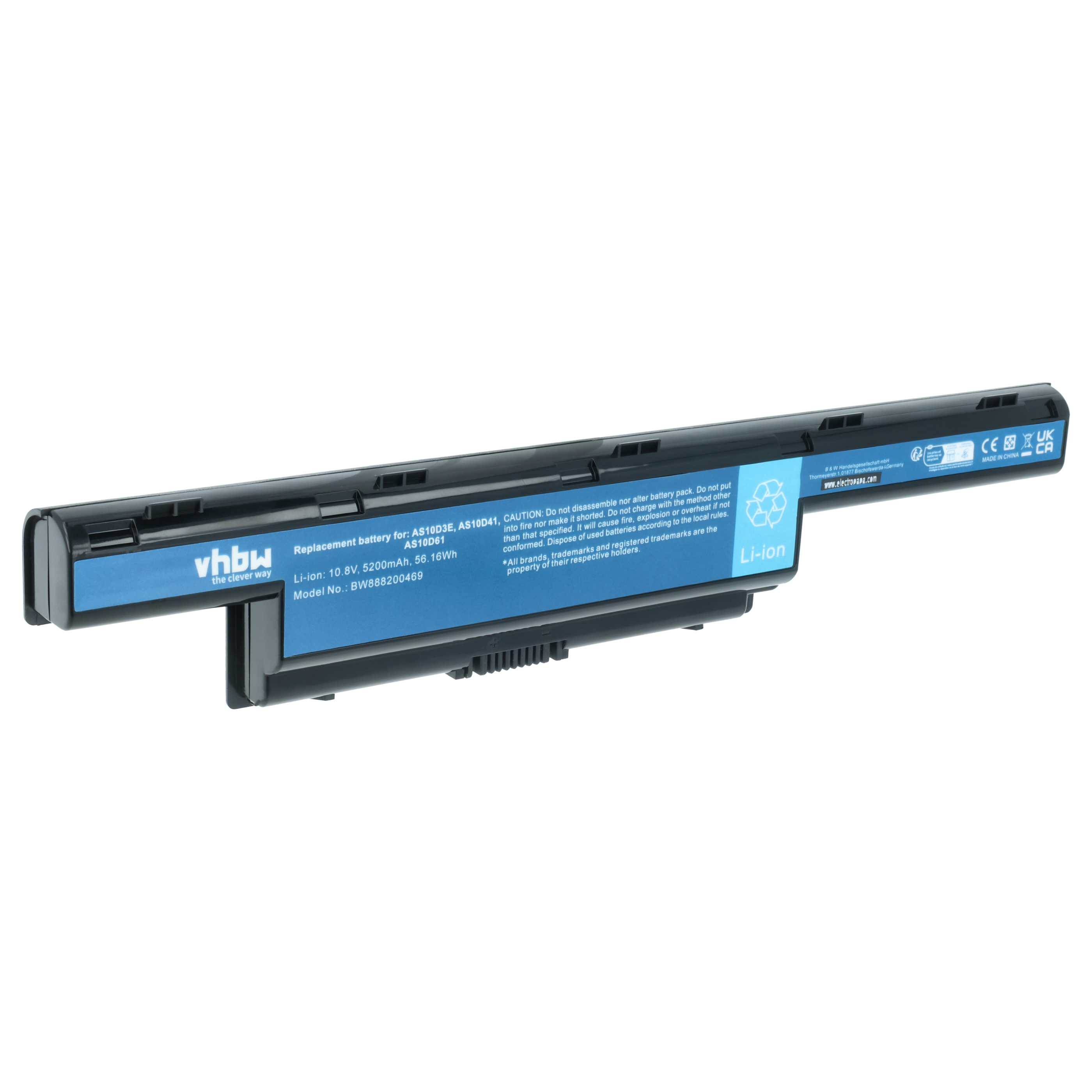 Ein Laptop-Akku mit blauen und schwarzen Elementen. Text enthält 'vhbw', 'Li-ion' und Spezifikationen.