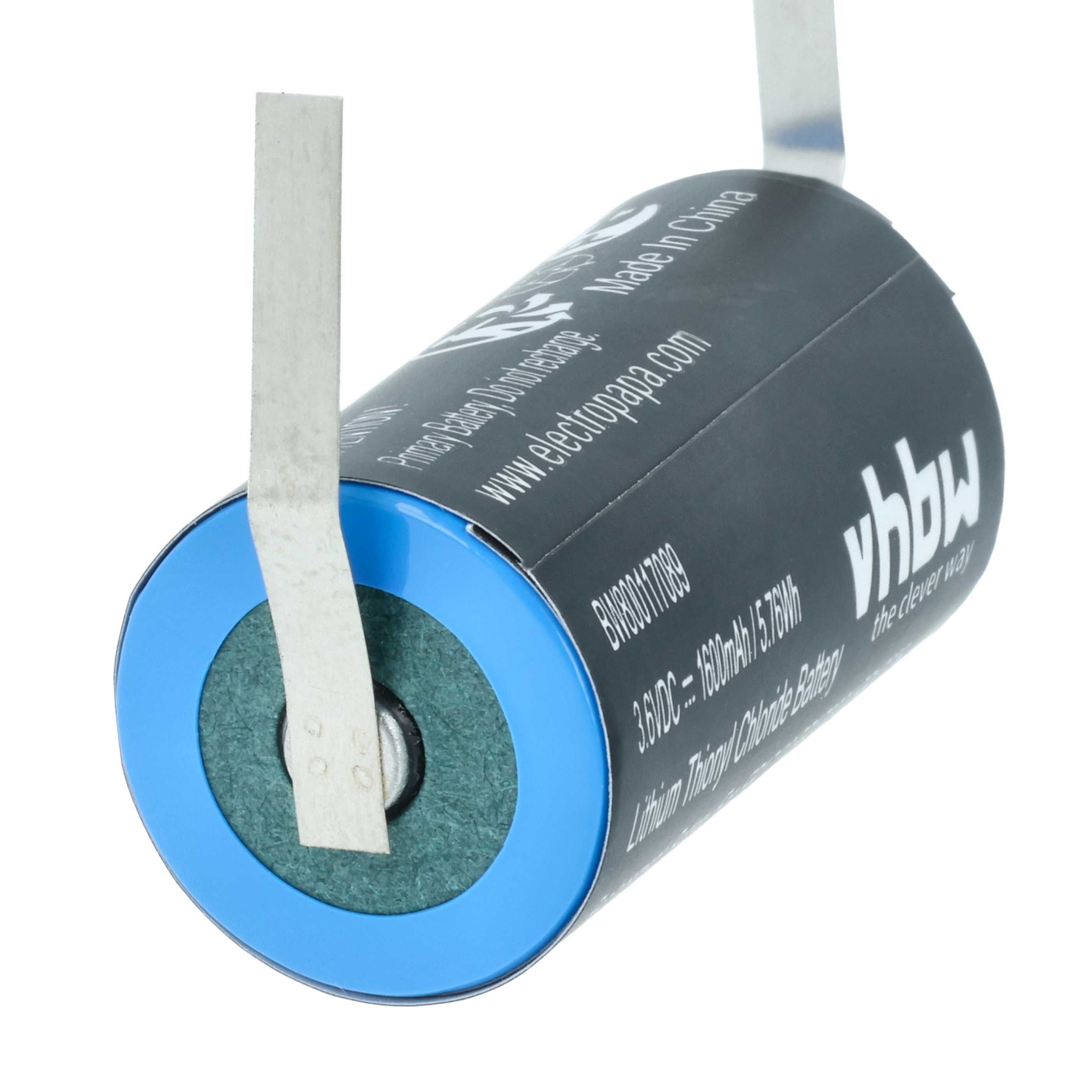 Eine zylindrische Batterie mit blauem Rand und Etikett. Zwei weiße Streifen sind an der Batterie befestigt.