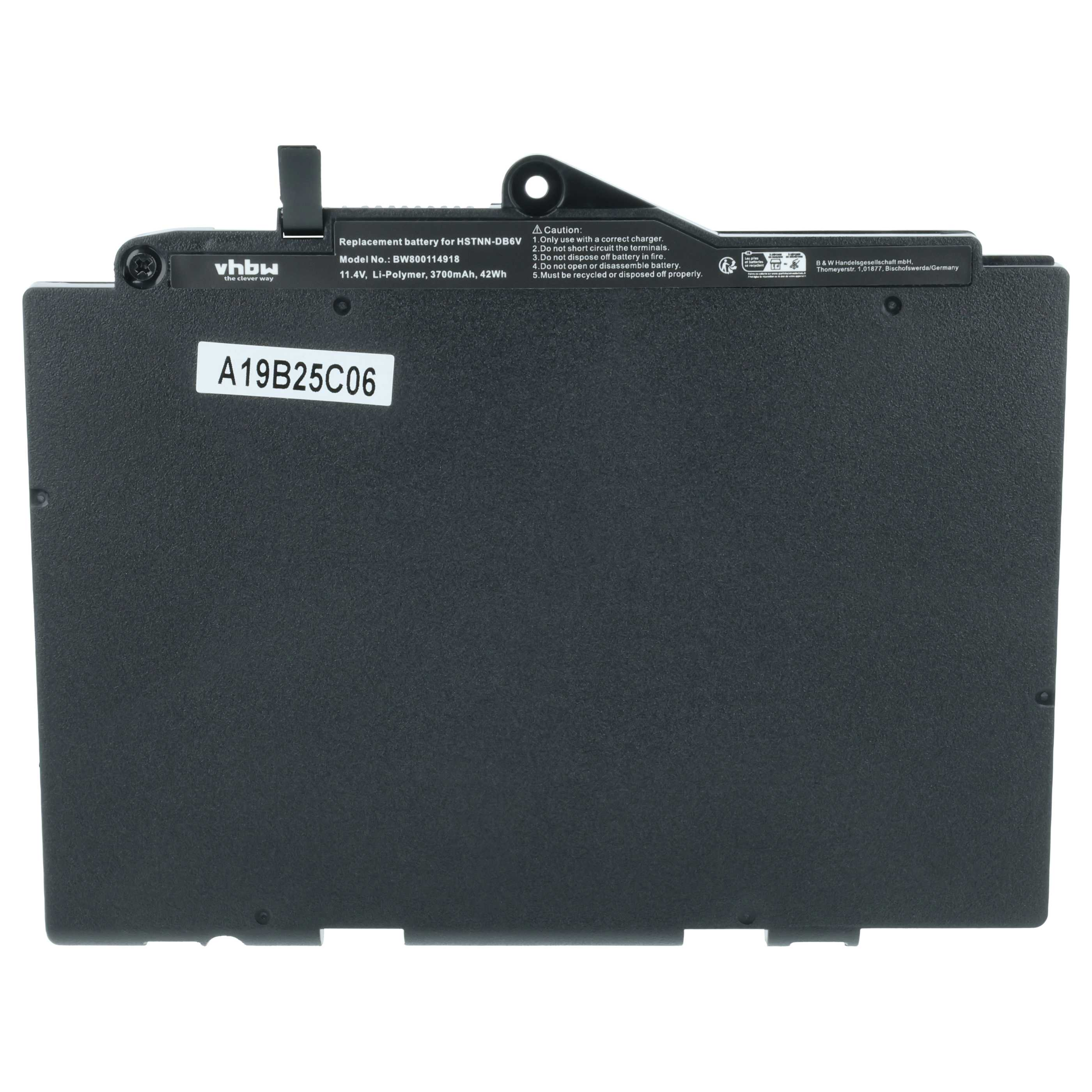 Ein schwarzer Laptop-Akku mit weißem Text und einem Aufkleber mit der Aufschrift A19B25C06.