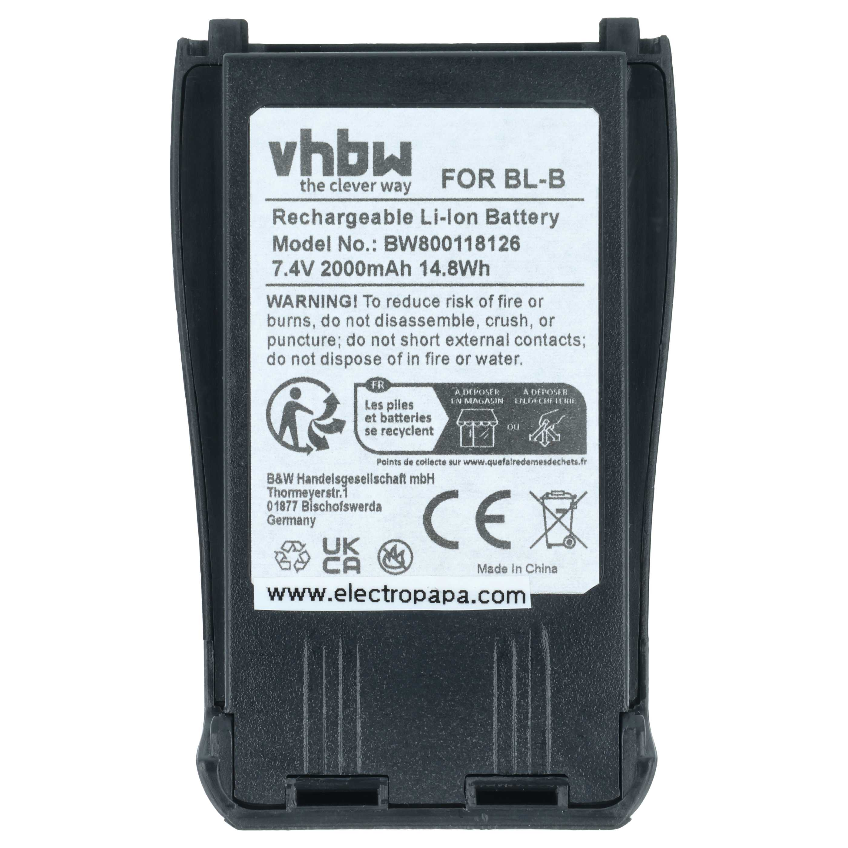 Ein schwarzer, rechteckiger Akku mit weißem Etikett. Text enthält 'vhbw', 'Rechargeable Li-ion Battery', Warnungen und Symbole.