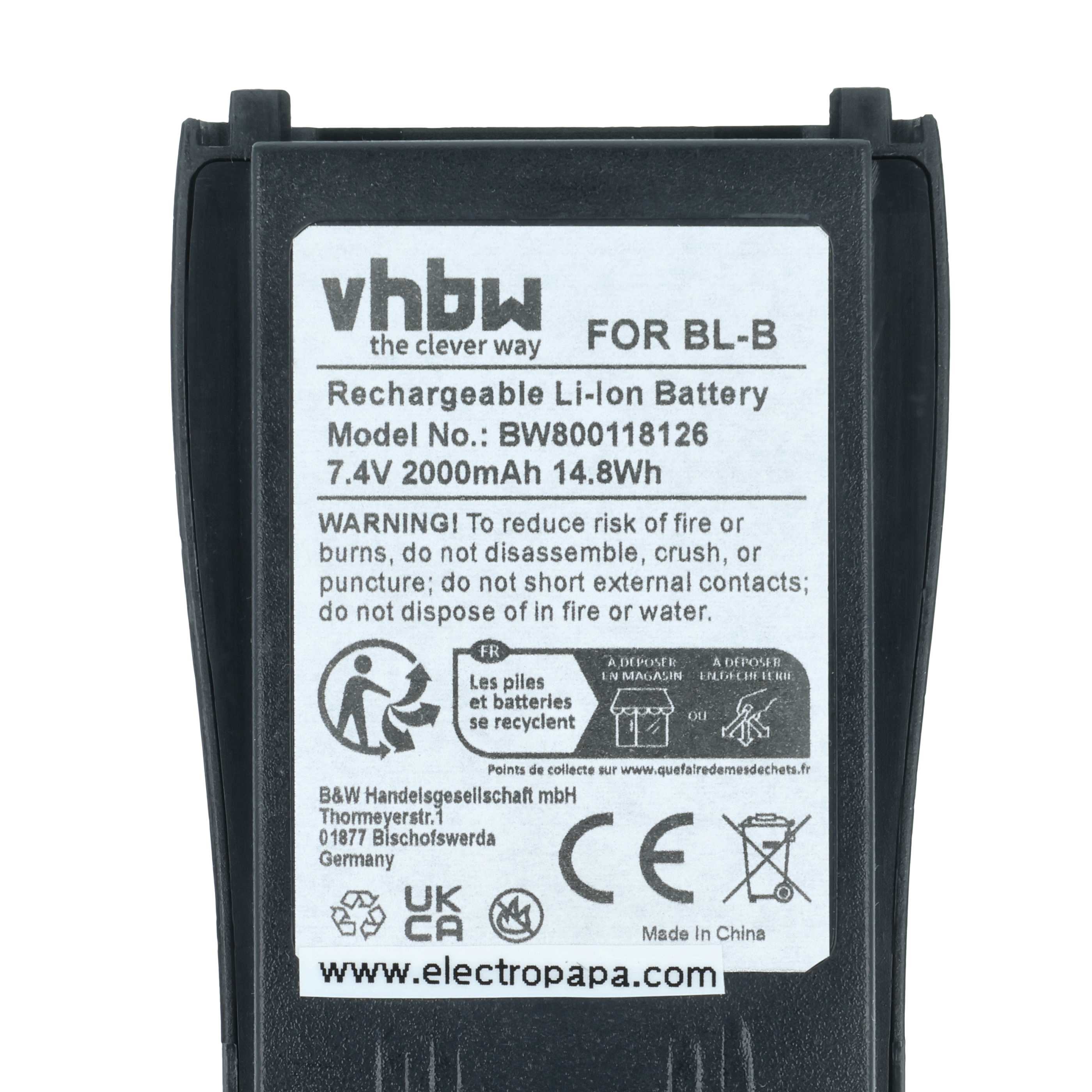 Schwarzer rechteckiger Akku mit weißem Etikett. Text enthält 'vhbw', 'Rechargeable Li-ion Battery' und Warnhinweise.