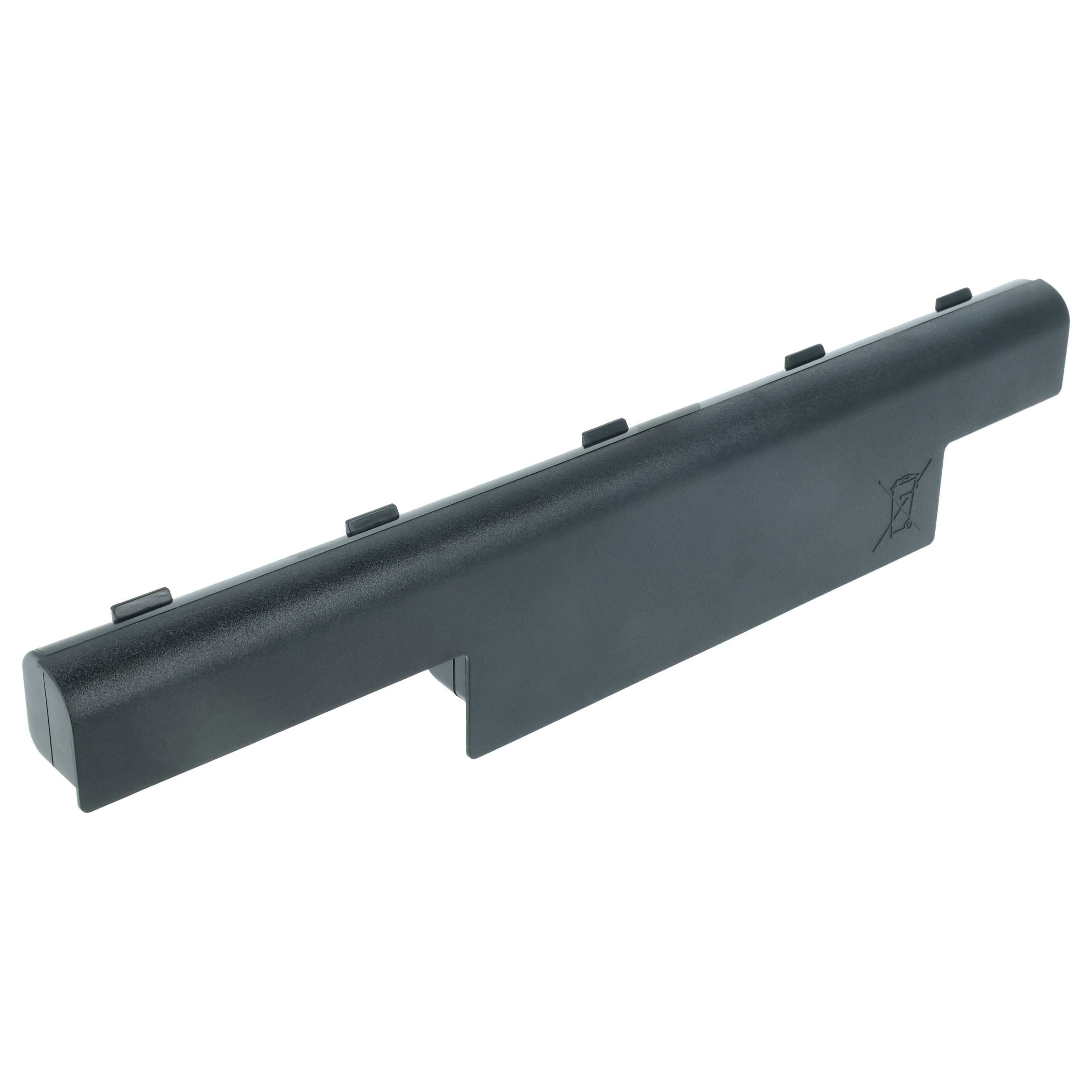 Eine schwarze Laptop-Batteriehülle auf weißem Hintergrund. Es hat mehrere Laschen und ein Recycling-Symbol.