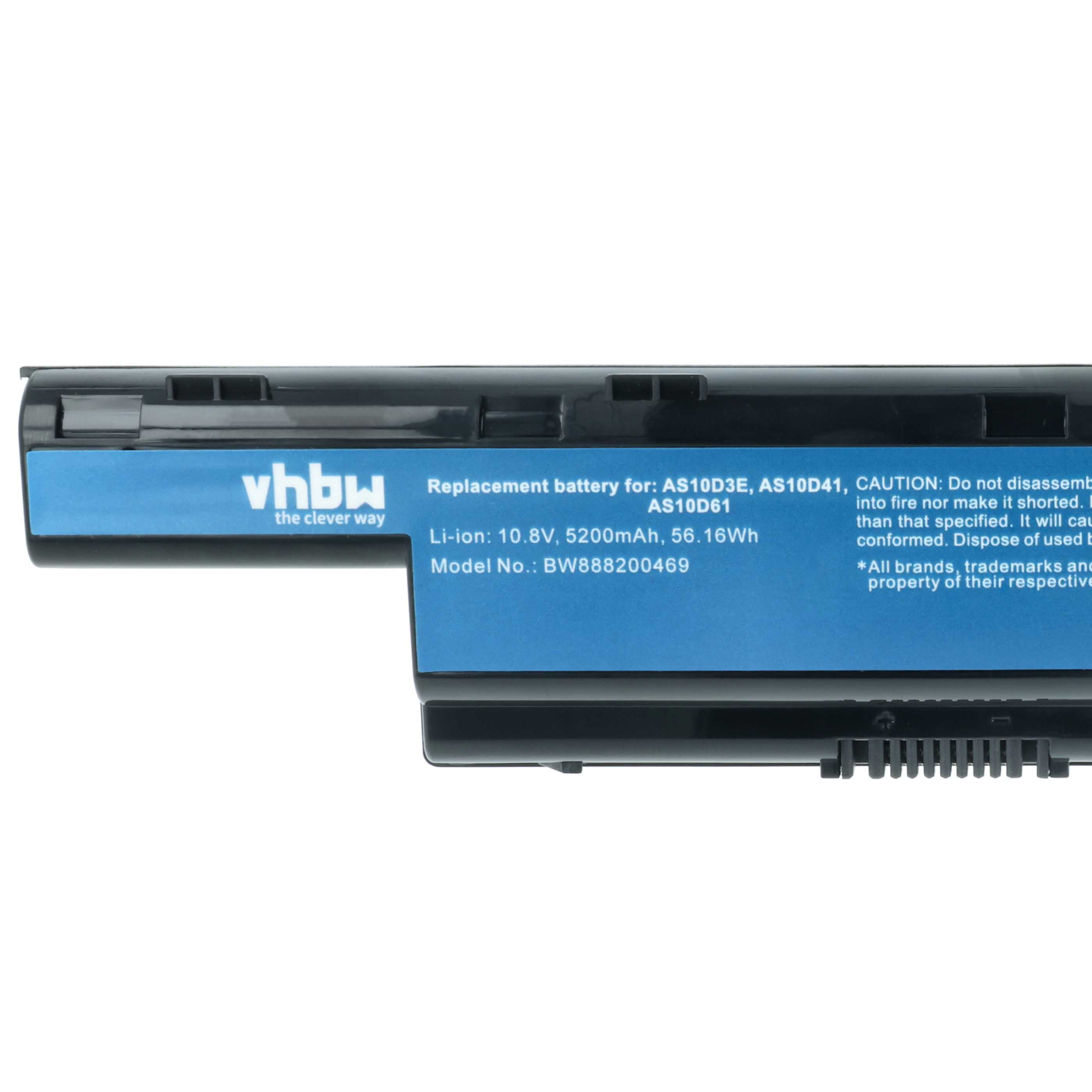 Ein Laptop-Akku mit blauem Etikett. Er hat Text und ist schwarz.