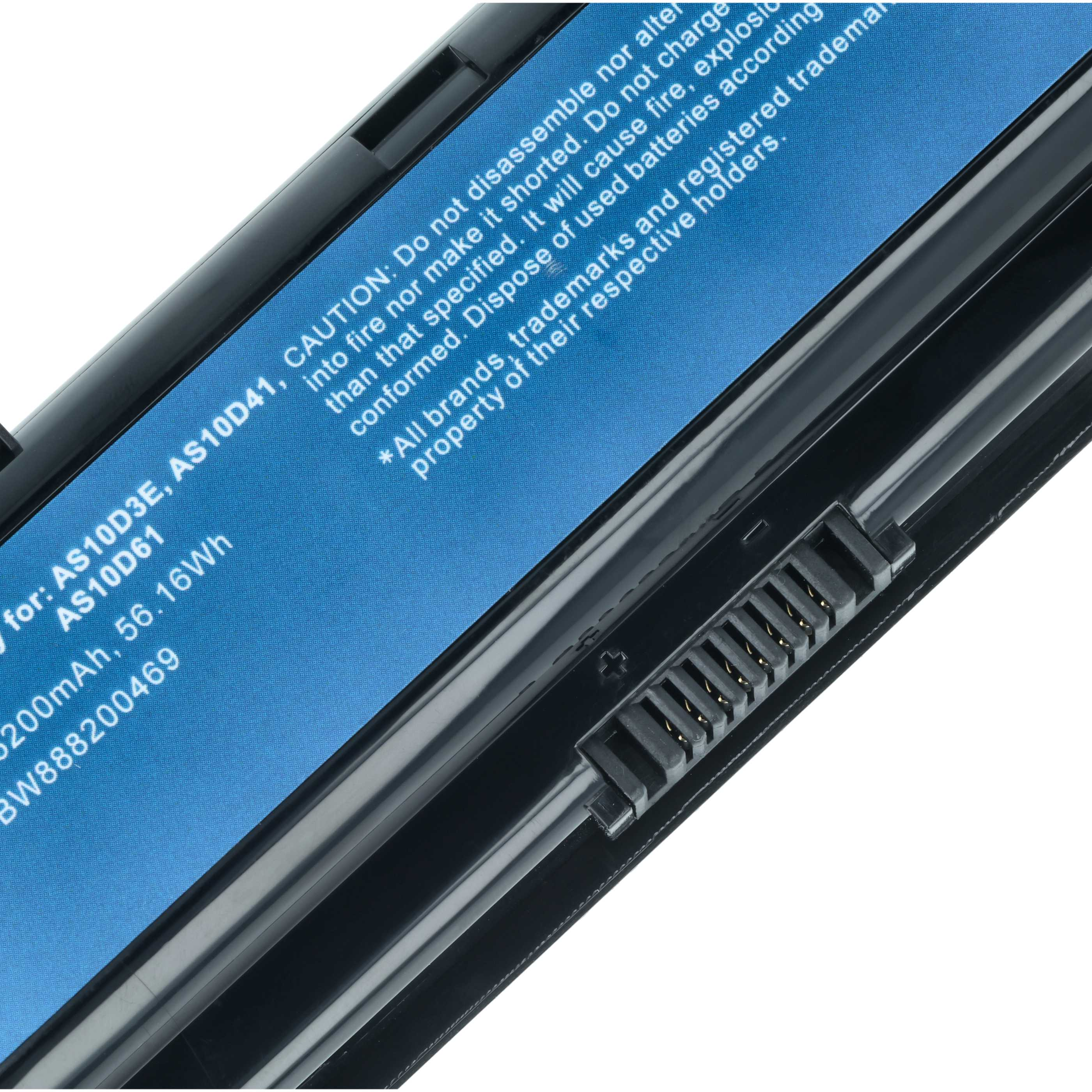 Laptop-Akku mit blauem Etikett, schwarzem Rahmen und Stecker. Text: Vorsicht, nicht zerlegen. Weißer Hintergrund.