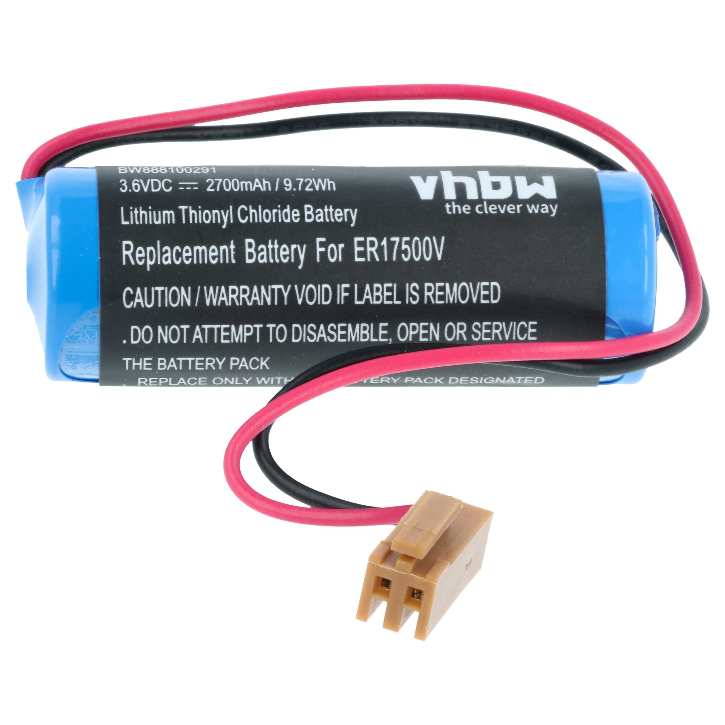 Eine blaue und schwarze Batterie mit roten und schwarzen Drähten, die an einem braunen Stecker befestigt sind. Text auf der Batterie.