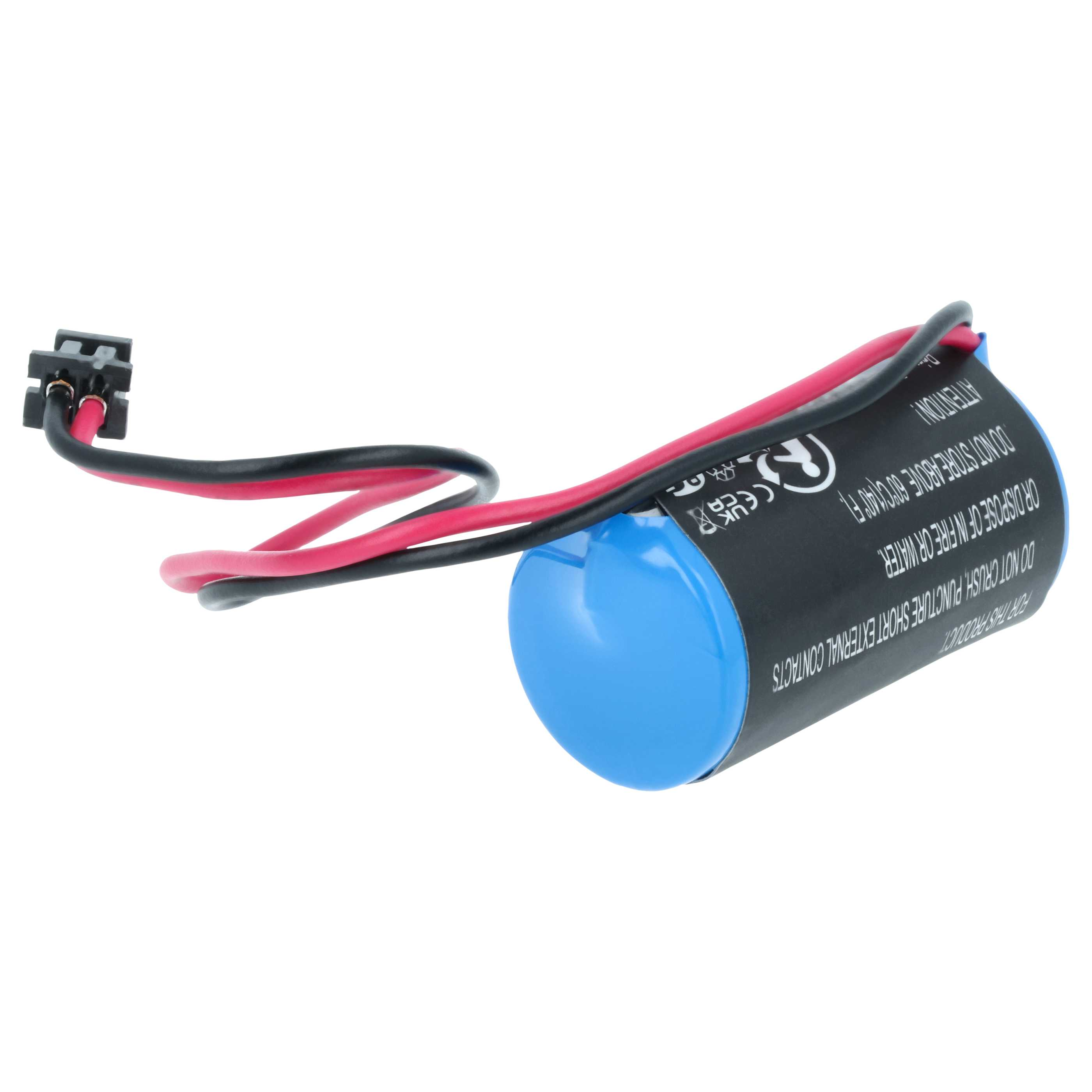 Eine blaue und schwarze Batterie mit roten und schwarzen Drähten, die an einen schwarzen Stecker angeschlossen sind.