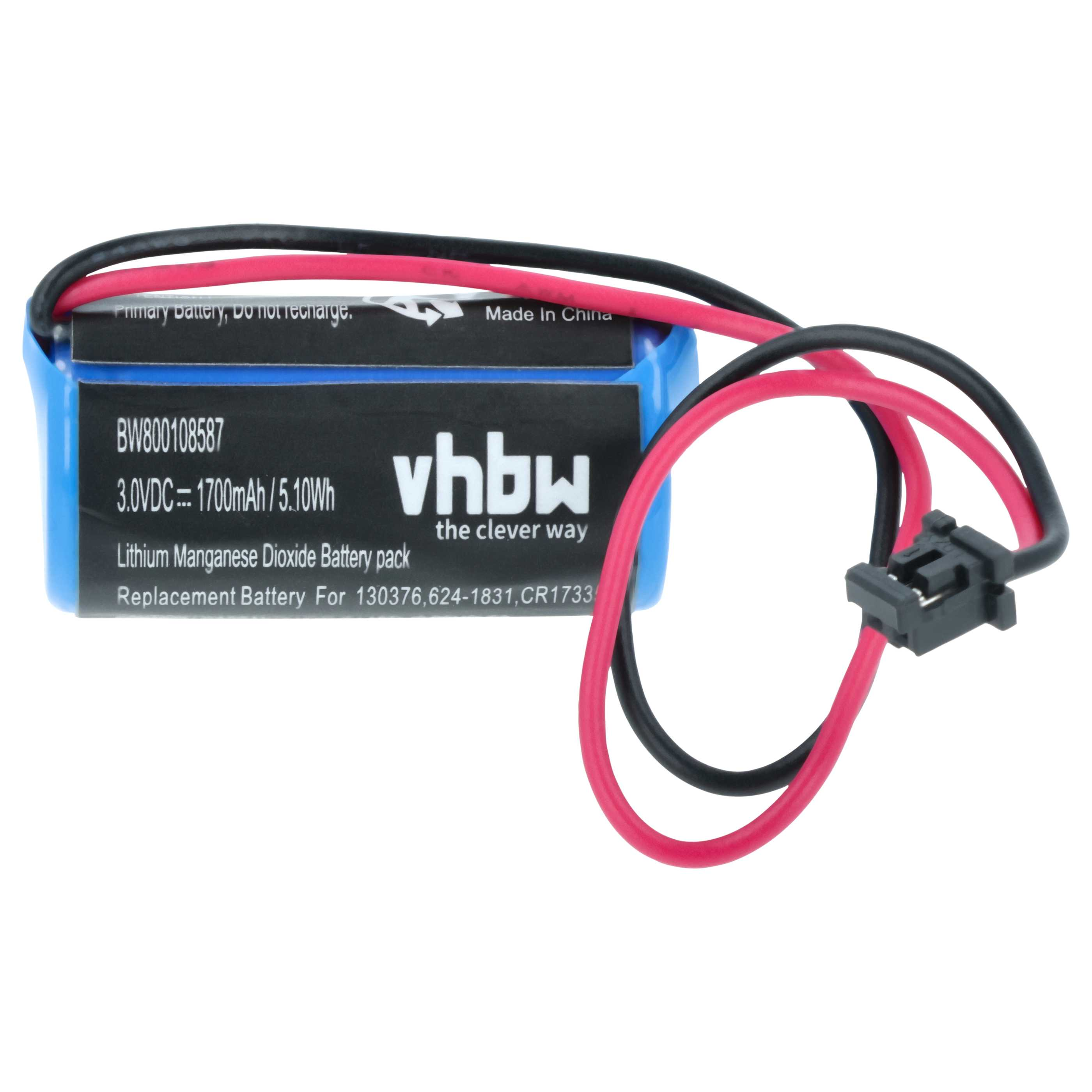 Ein blauer Akku mit schwarzen und roten Drähten. Er hat Text: vhbw, Lithium-Mangan-Dioxid-Akkupack.