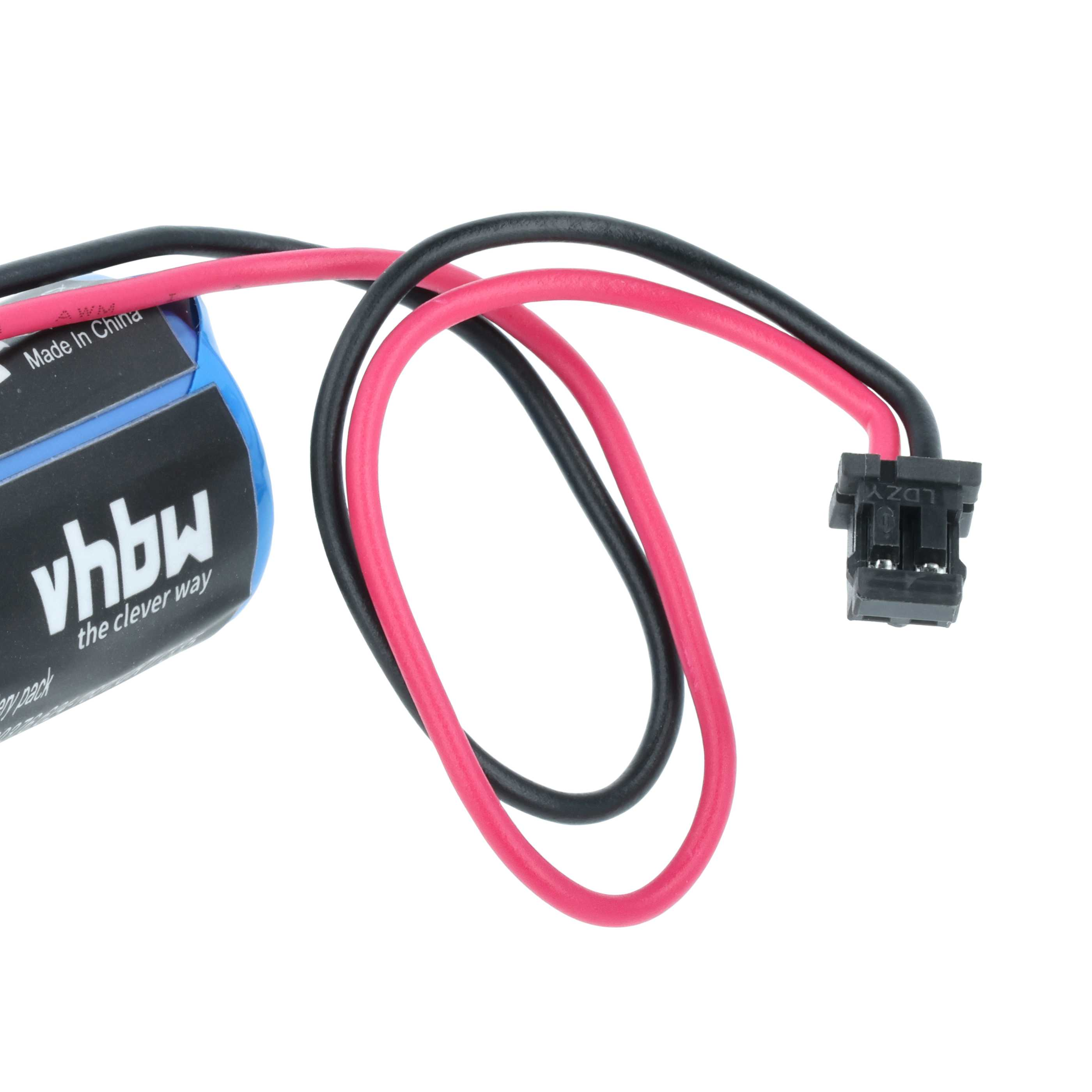 Ein Akkupack mit schwarzen und rosa Drähten und einem schwarzen Stecker. Eine blaue und schwarze Batterie ist sichtbar.