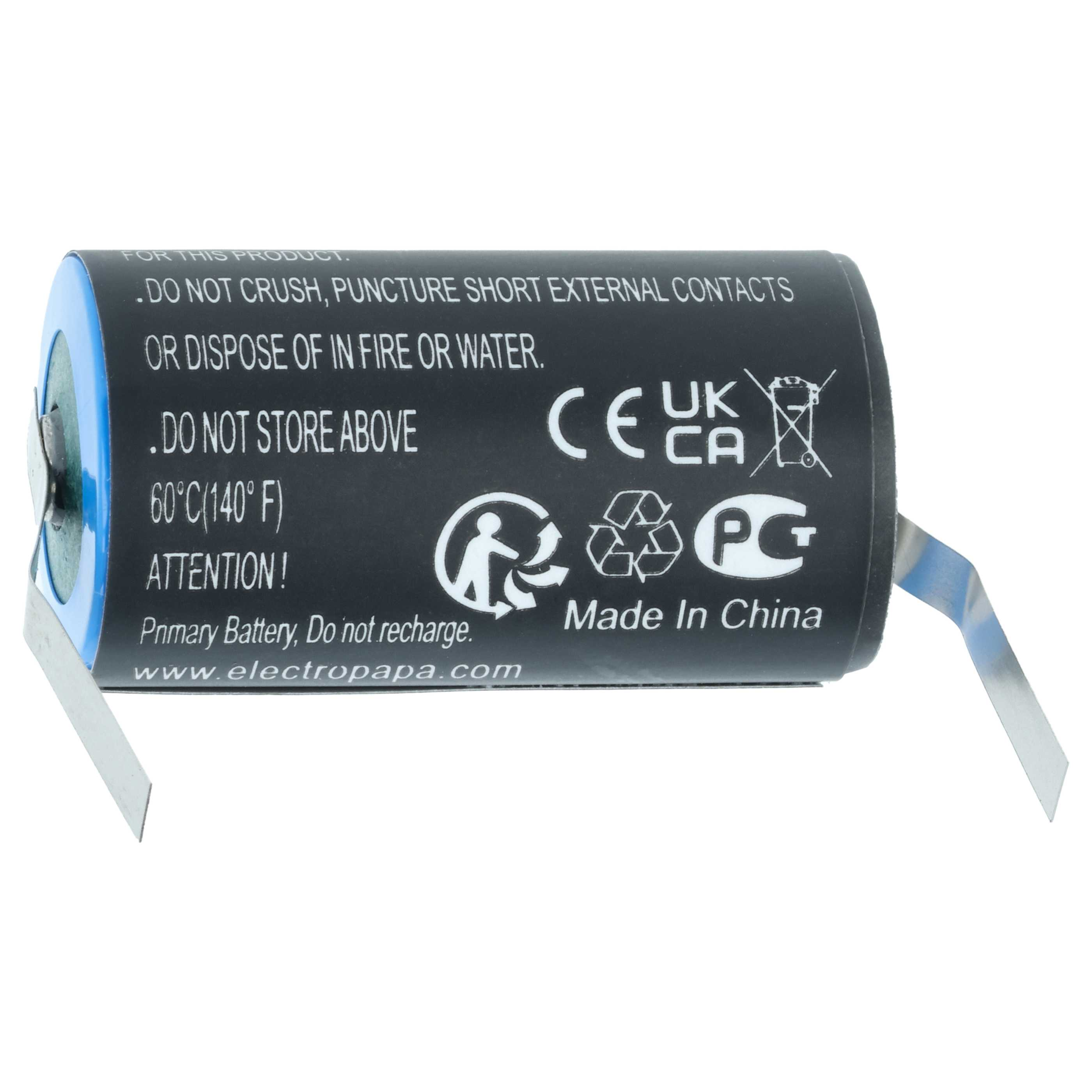 Eine zylindrische Batterie mit blauem Rand und Metalllaschen. Text auf dem schwarzen Körper warnt vor Gefahren.