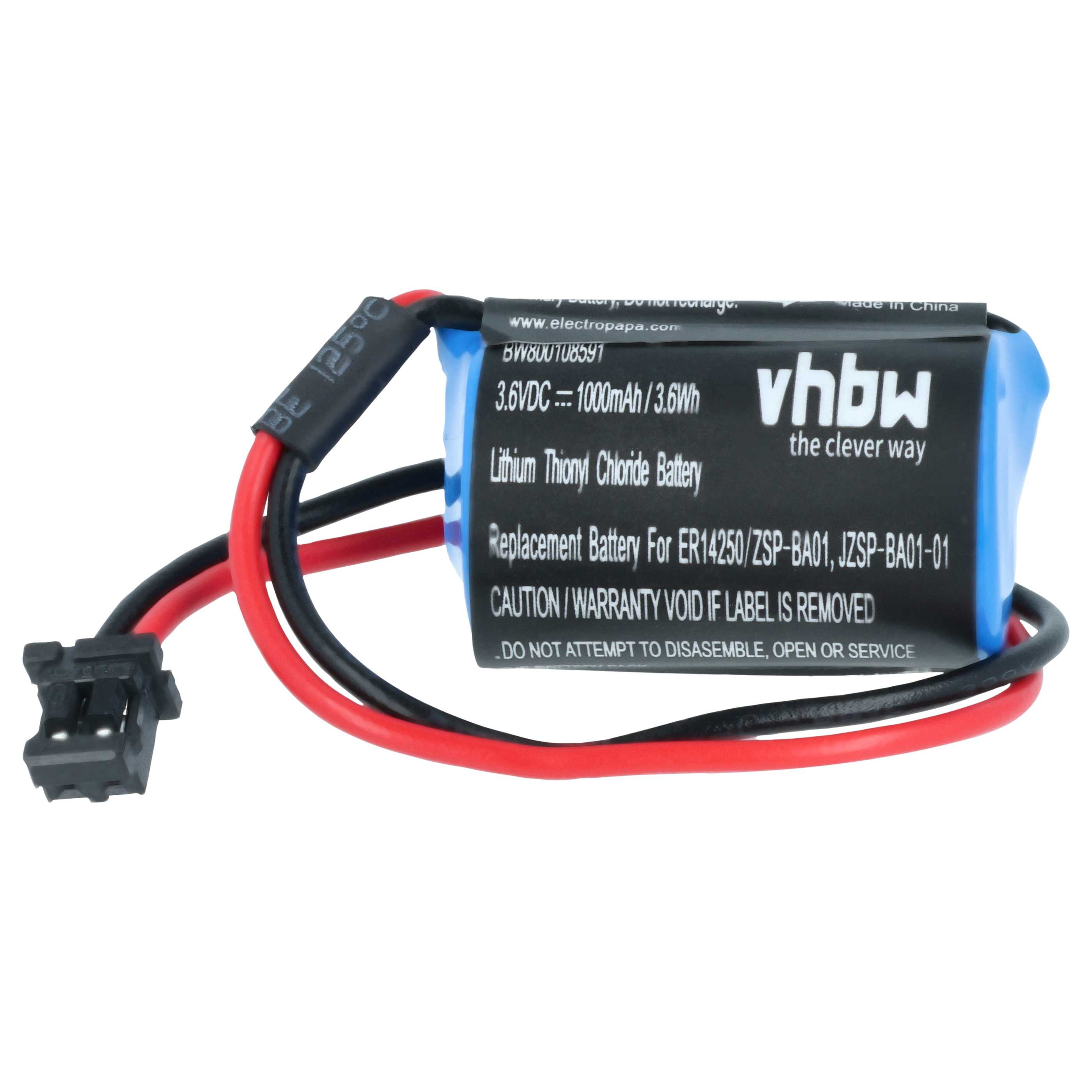 Eine Lithium-Thionylchlorid-Batterie, blau und schwarz, mit roten und schwarzen Drähten und einem schwarzen Stecker.