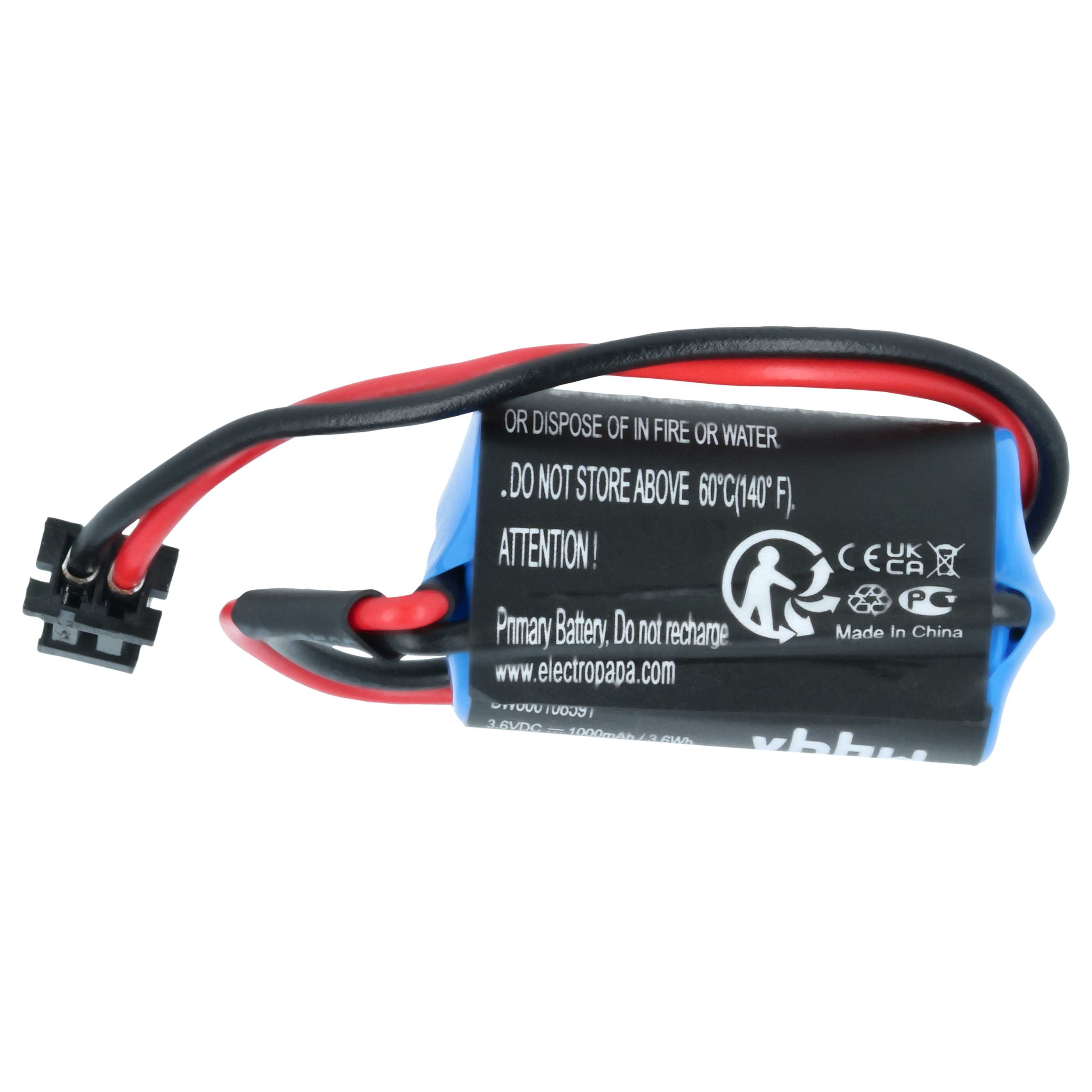 Eine Primärbatterie mit roten und schwarzen Drähten und einem Stecker. Es hat Sicherheitshinweise und ist blau und schwarz.