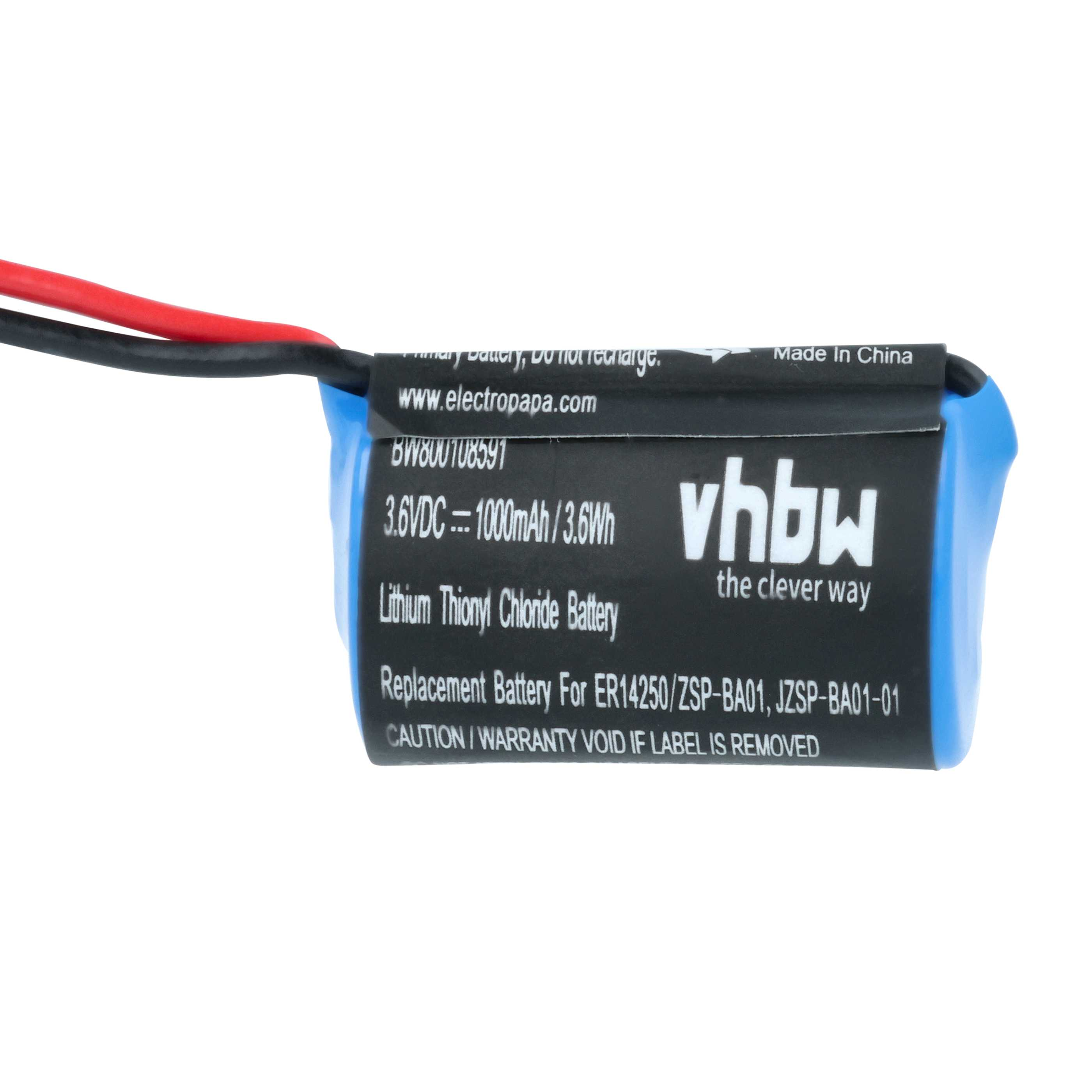 Eine Batterie mit schwarzen und roten Drähten. Sie hat einen blauen Körper und ein schwarzes Etikett mit Text.