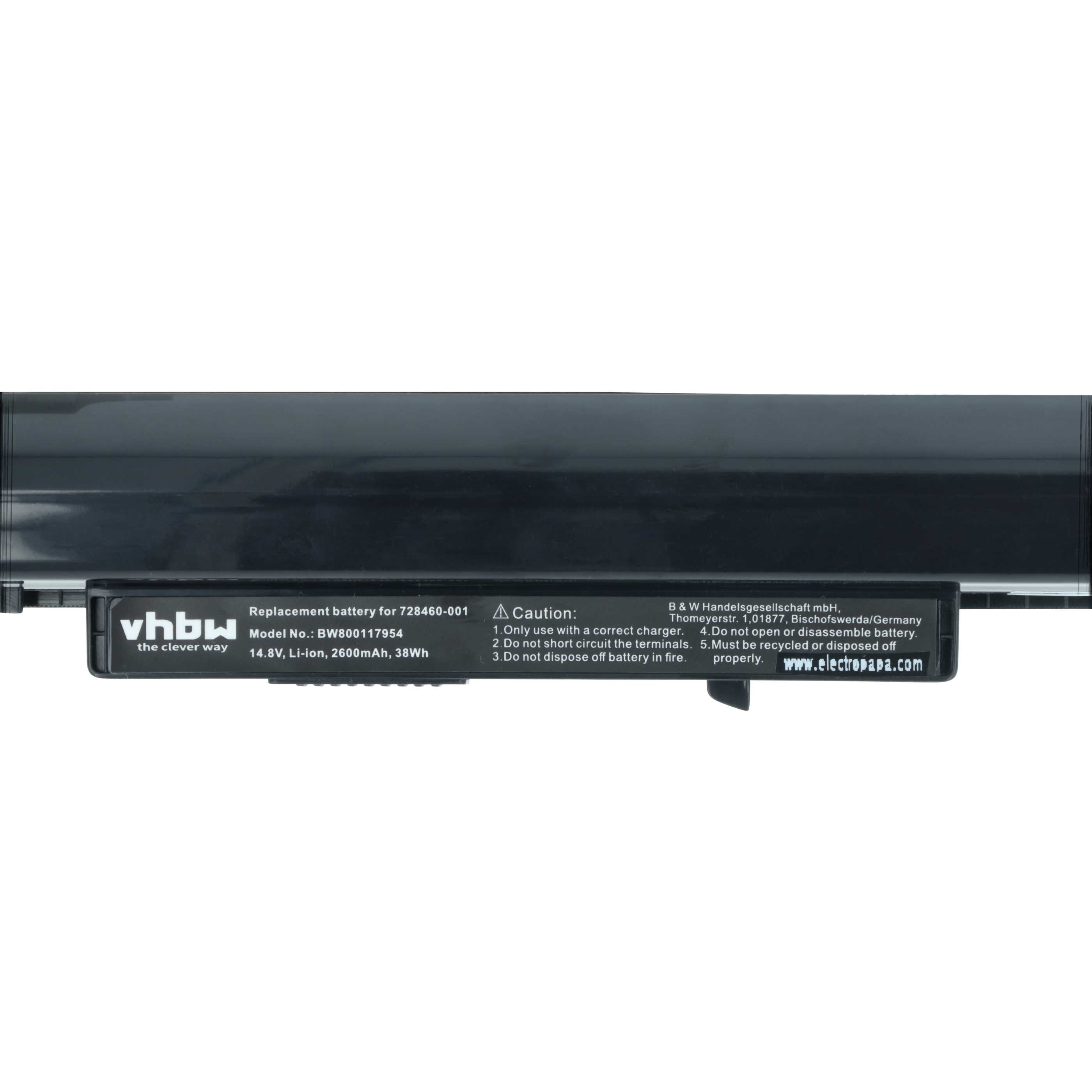 Schwarzer Laptop-Akku mit weißem Text. Er hat Warnungen, Spannungsspezifikationen und das Firmenlogo.