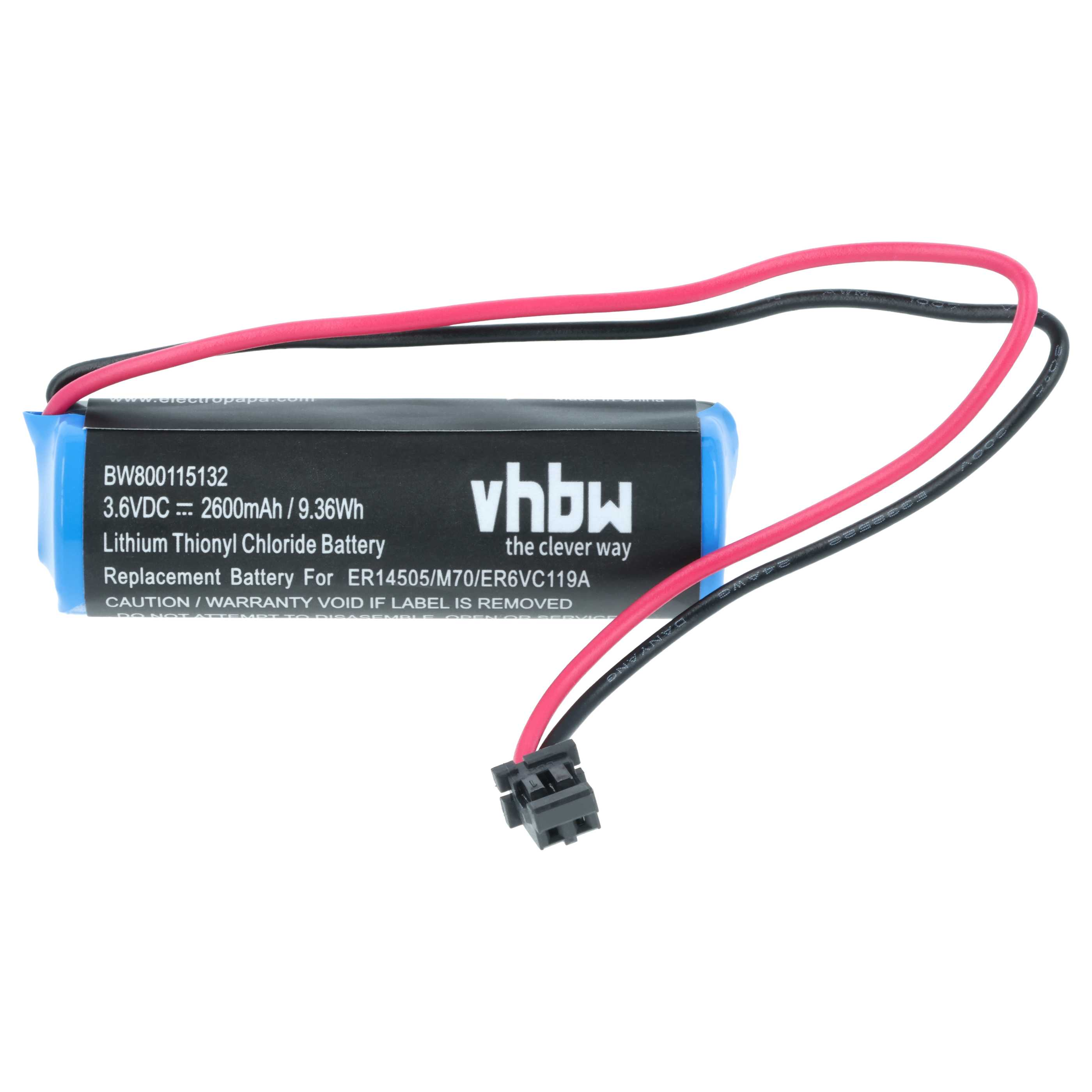 Batterie mit schwarzen und rosa Drähten. Enthält den Text: vhbw und andere technische Spezifikationen.